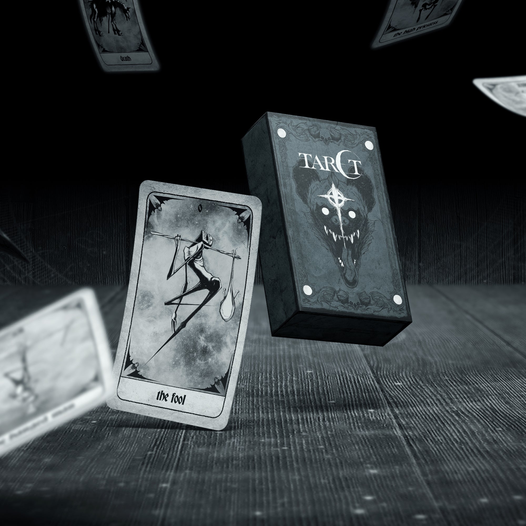 Set of Tarot Cards from Any Means Necessary Clothing featuring a colorful, artistic tarot deck spread out for reading or display.