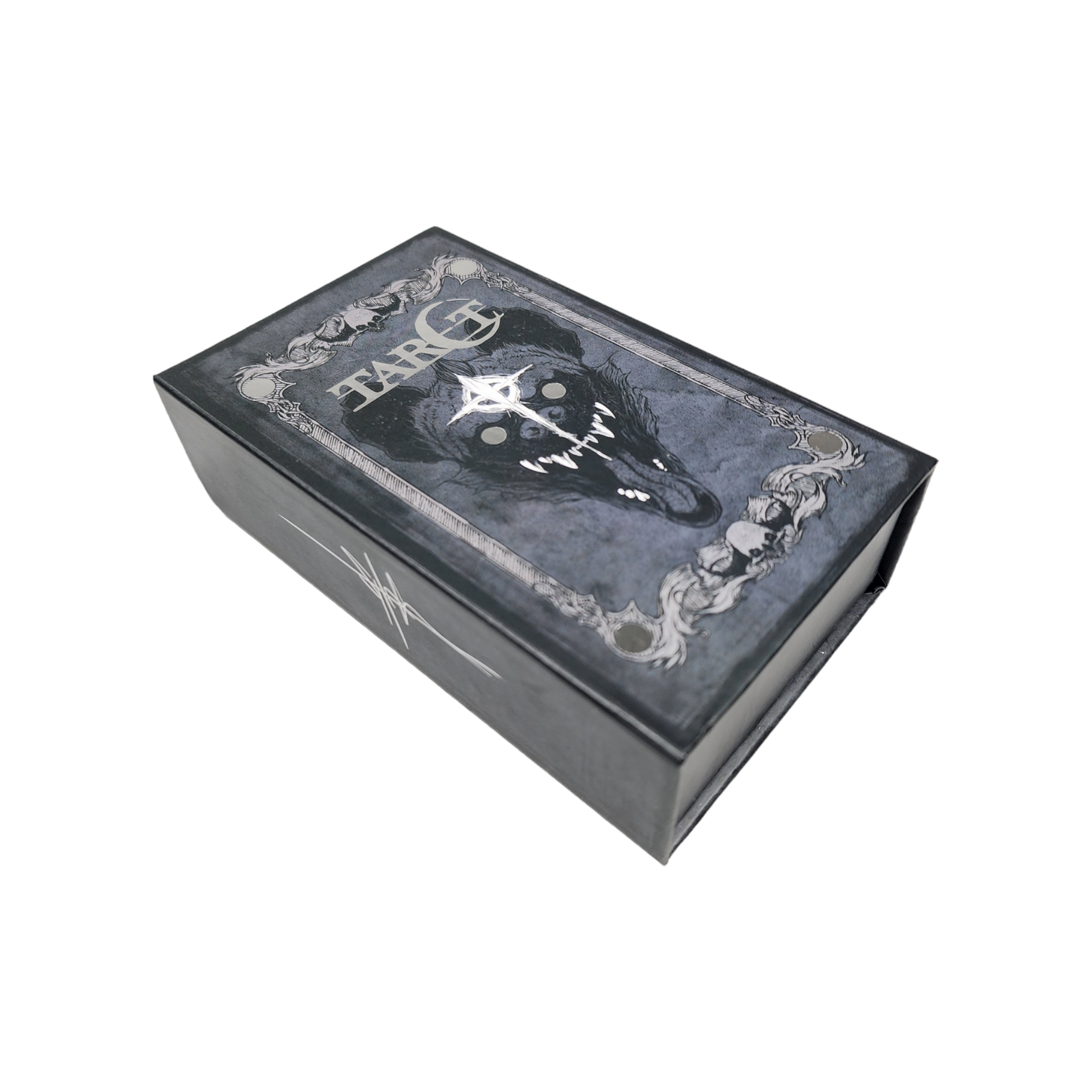 Deck of tarot cards in a decorative box, featuring intricate artwork from the Any Means Necessary Clothing Tarot Deck.