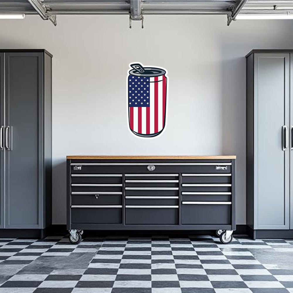 USA beer can garage wall decal by Armed American Supply, featuring a patriotic design for home or garage decor.