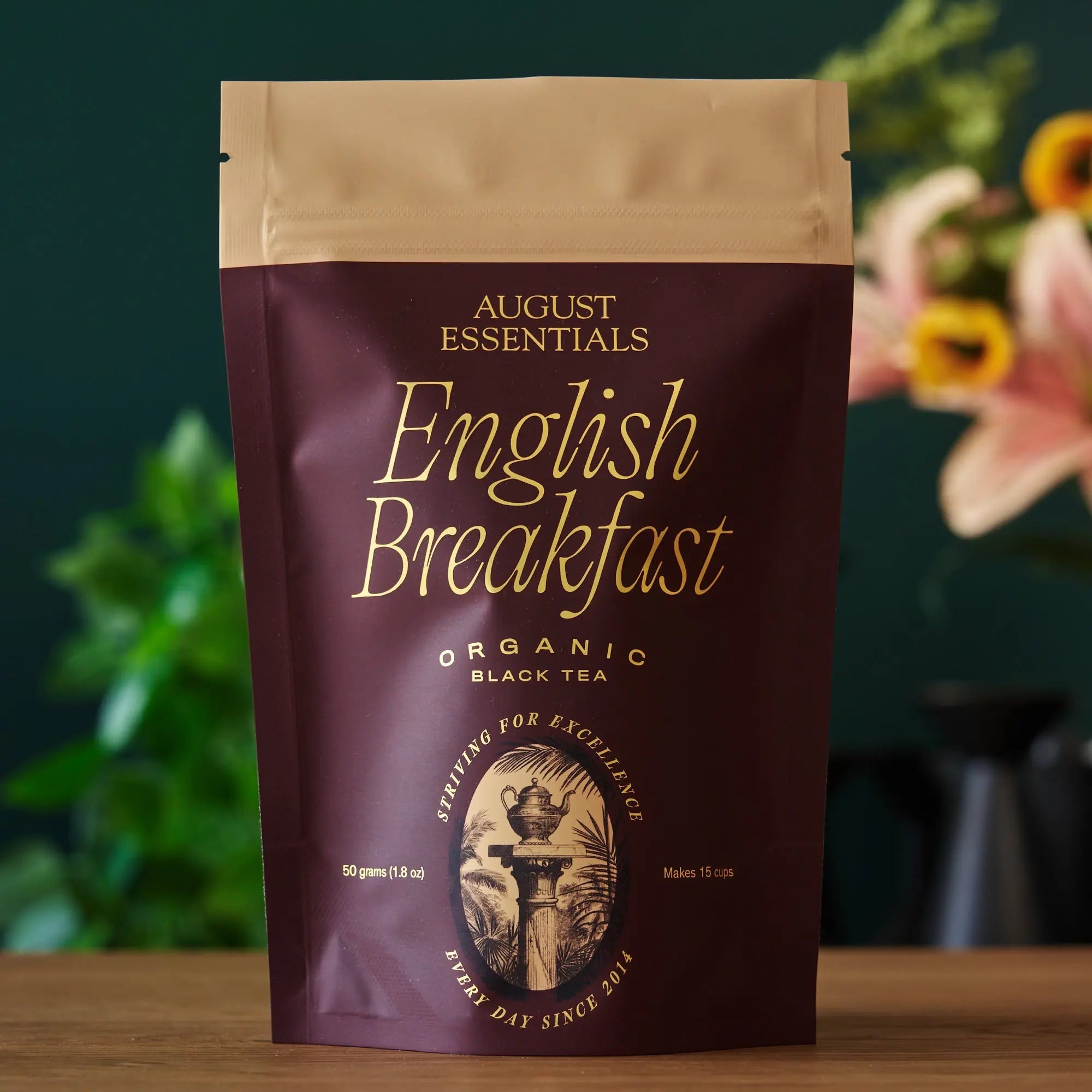 August Uncommon Tea Essentials English Breakfast Black Tea in a 15-cup tea bag, ready for brewing.