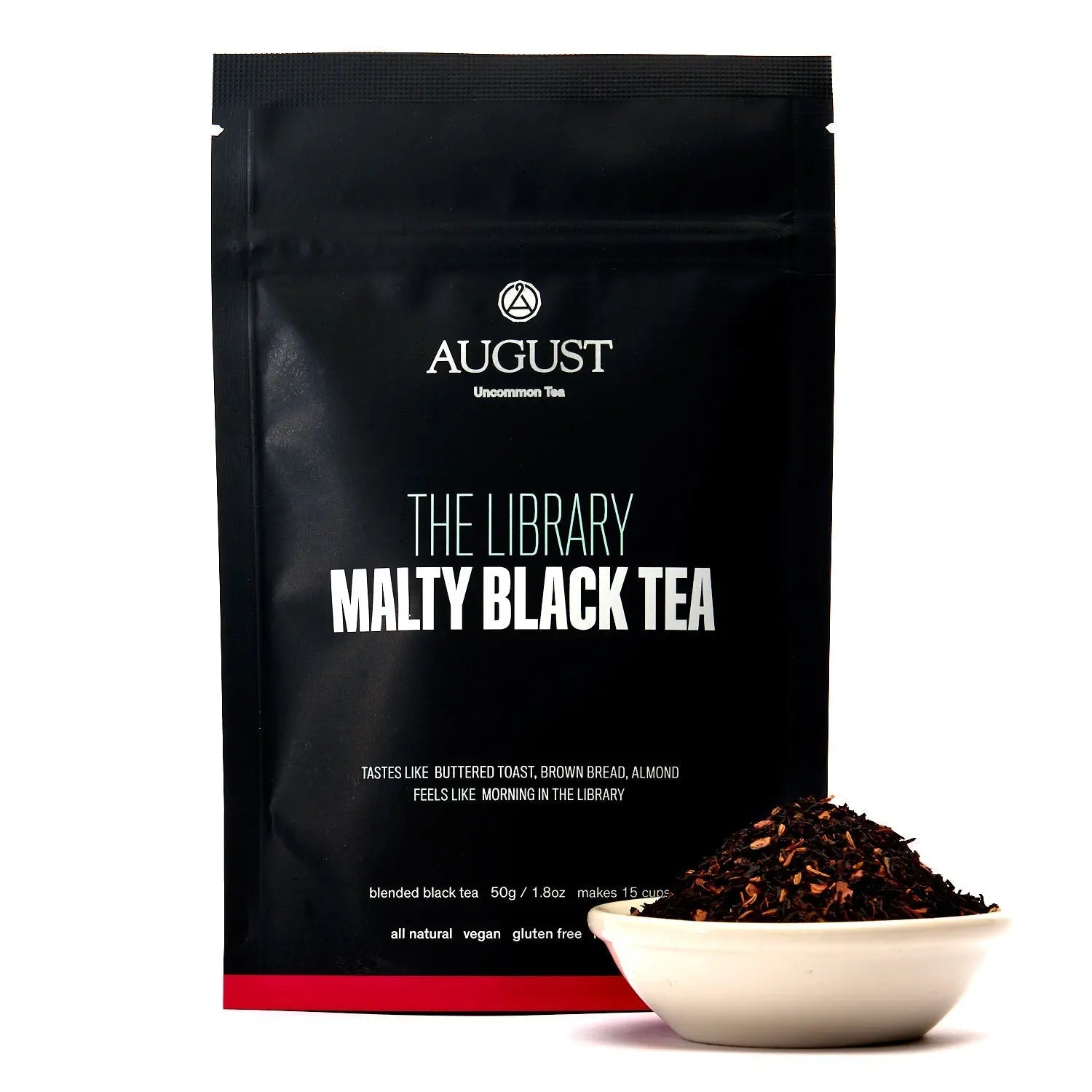 A 15-cup bag of The Library Malty Black Tea by August Uncommon Tea, showcasing the black tea packaging with branding and product details.