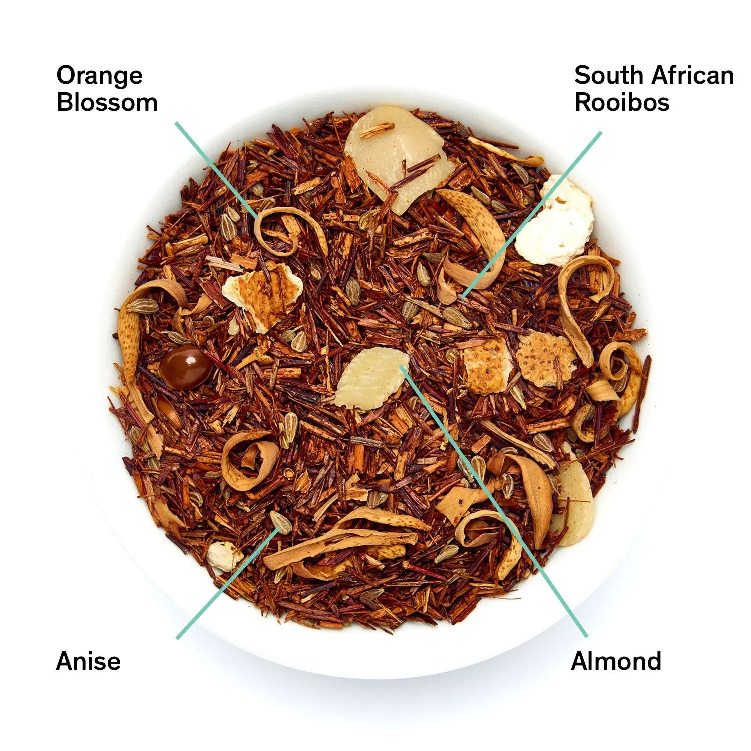 Biarritz Orange Amaretto Rooibos herbal tea leaves from August Uncommon Tea, caffeine-free tea blend with orange and amaretto flavor.
