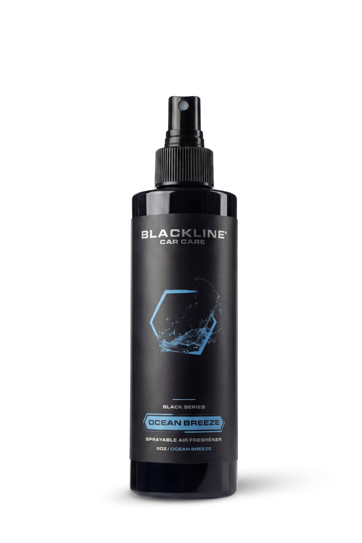 Blackline Car Care Ocean Breeze 8oz air freshener in a sleek black bottle, designed for freshening car interiors.