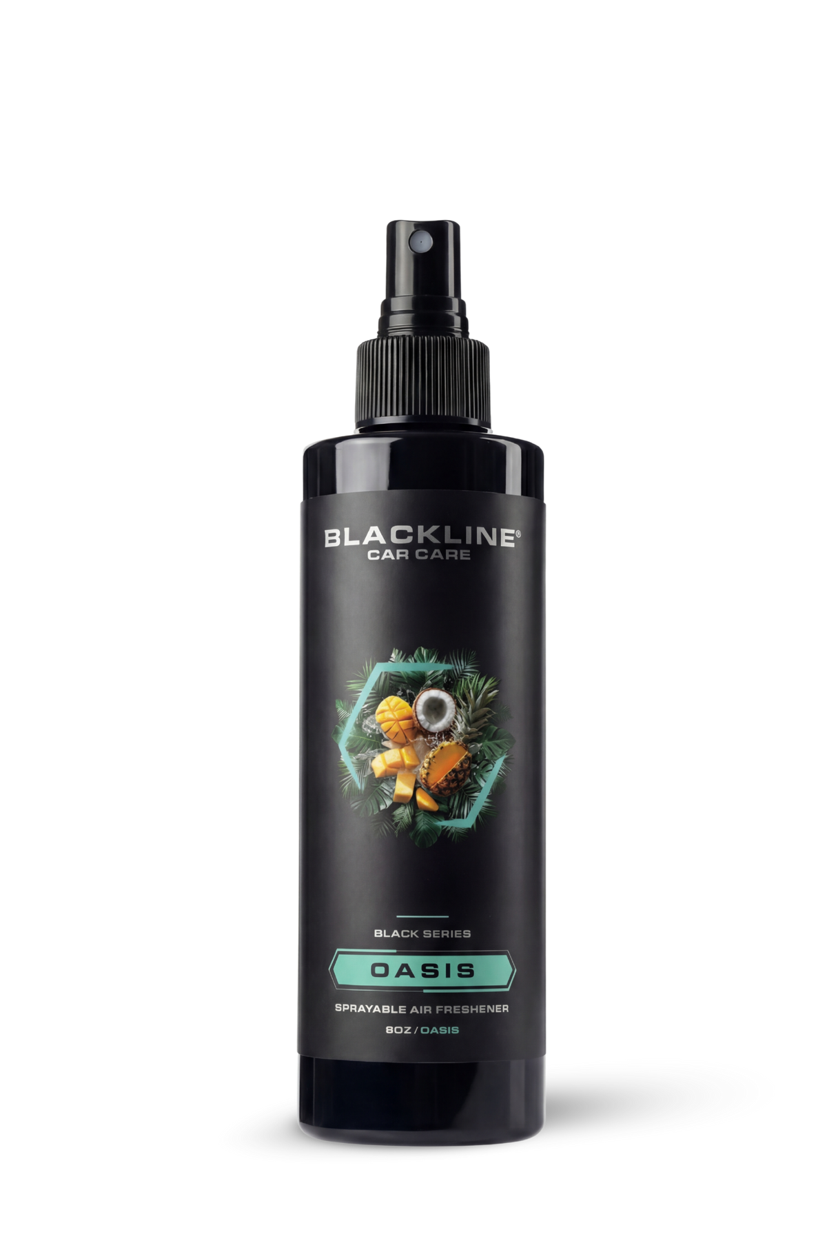 Blackline Car Care BLACKLINE 8oz Air Freshener for cars, featuring a sleek black design and oasis scent for fresh vehicle interior.