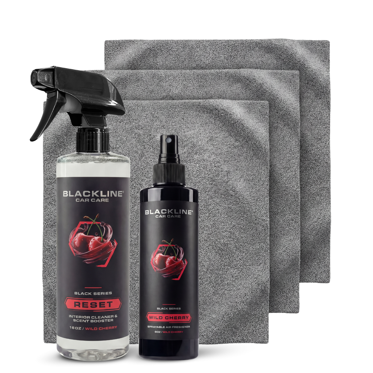 Blackline Car Care 8oz Wild Cherry air freshener for cars, showing the sleek black packaging and complete scent system.