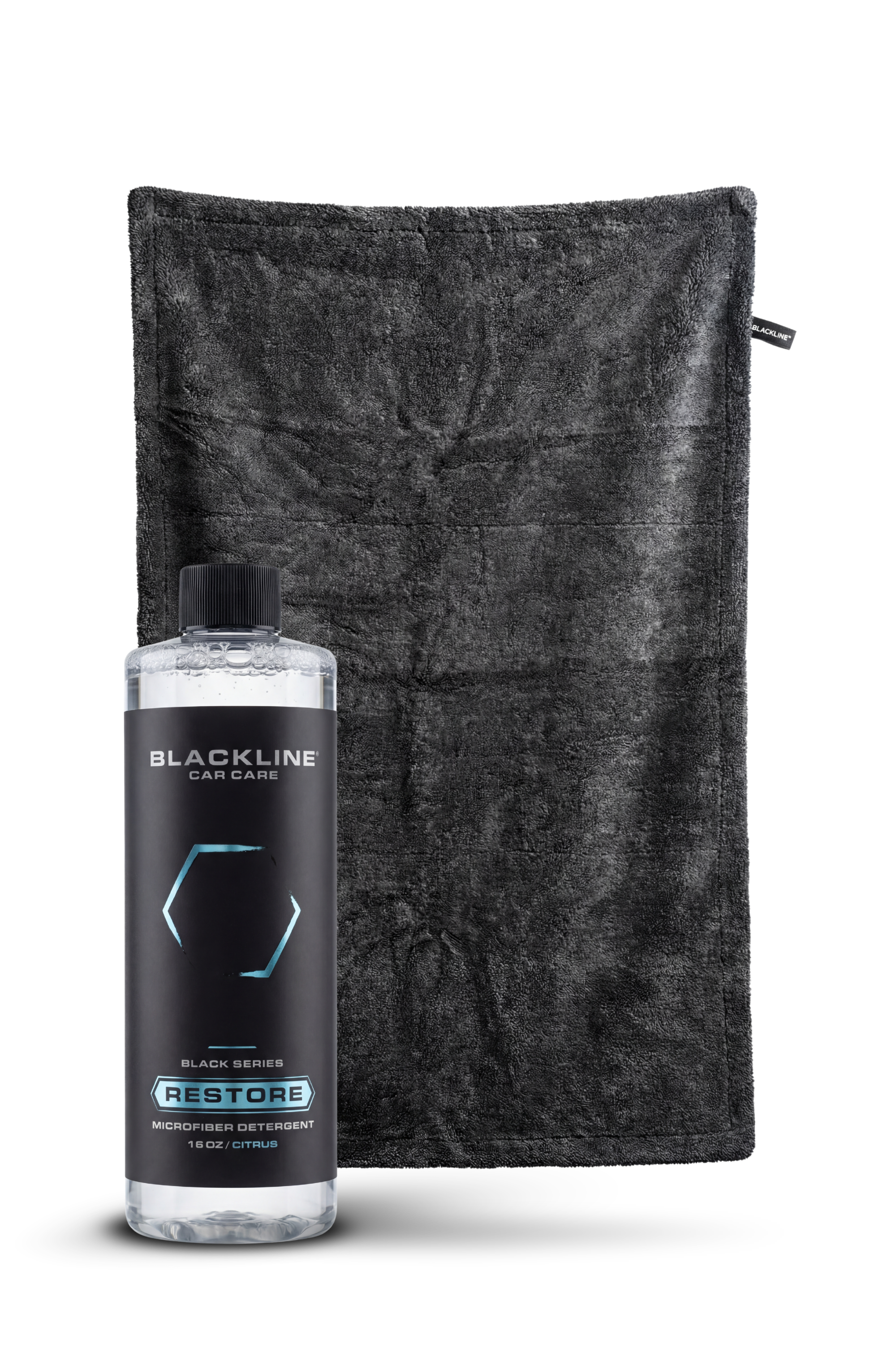 Blackline Car Care BLACKLINE® Restore microfiber detergent bottle, 16oz, designed for cleaning microfiber car interior and exterior surfaces.
