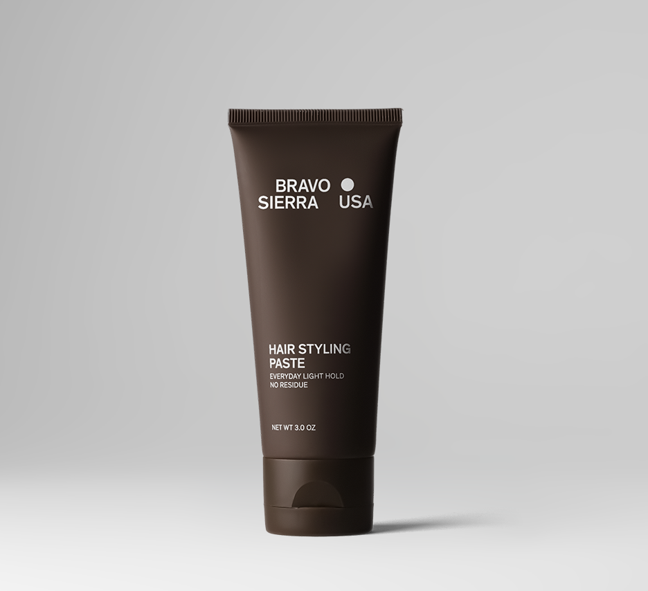 Bravo Sierra hair styling paste in a jar, showcasing its grooming paste formula for textured, flexible hair styling.