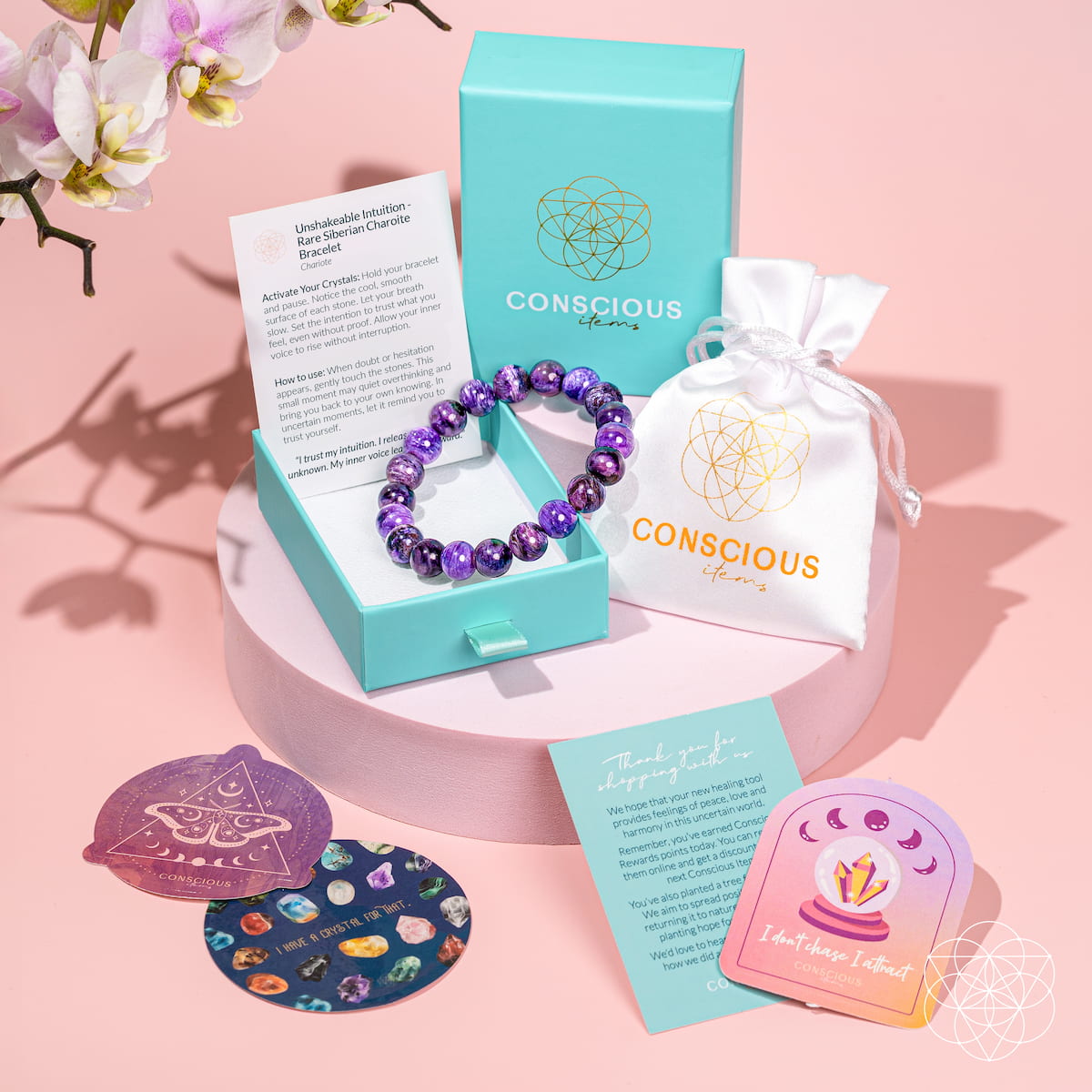 Unshakeable Intuition Siberian Charoite bracelet by Conscious Items featuring a polished gemstone bracelet on a card background