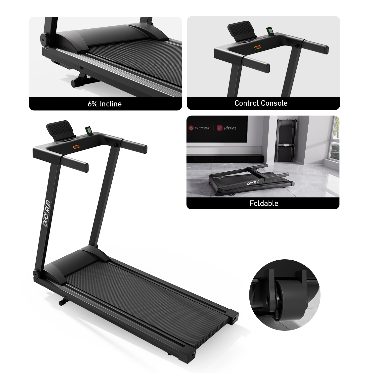 DeerRun All-New 2026 A1 Pro Move+ smart foldable treadmill with black finish, 6% incline, NFC, 350 lbs capacity, 10 mph speed.