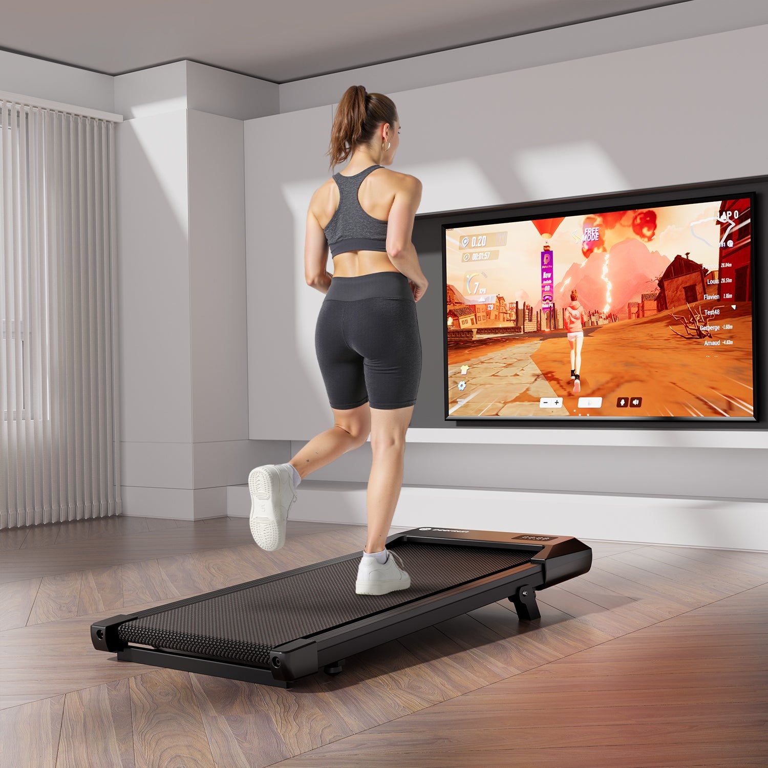 DeerRun Q2 Urban Smart Walking Pad treadmill with incline and remote control, compact design for indoor walking exercise.