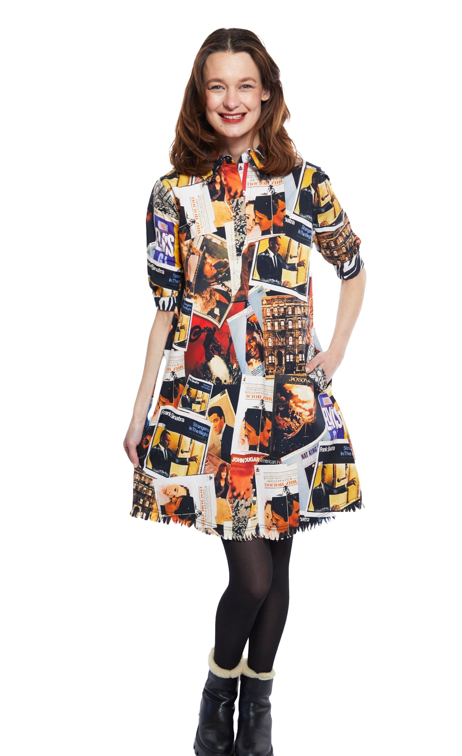 Dizzy-Lizzie Chatham Dress with Rock and Roll print, stylish sleeveless dress featuring bold vintage-inspired design and vibrant colors.