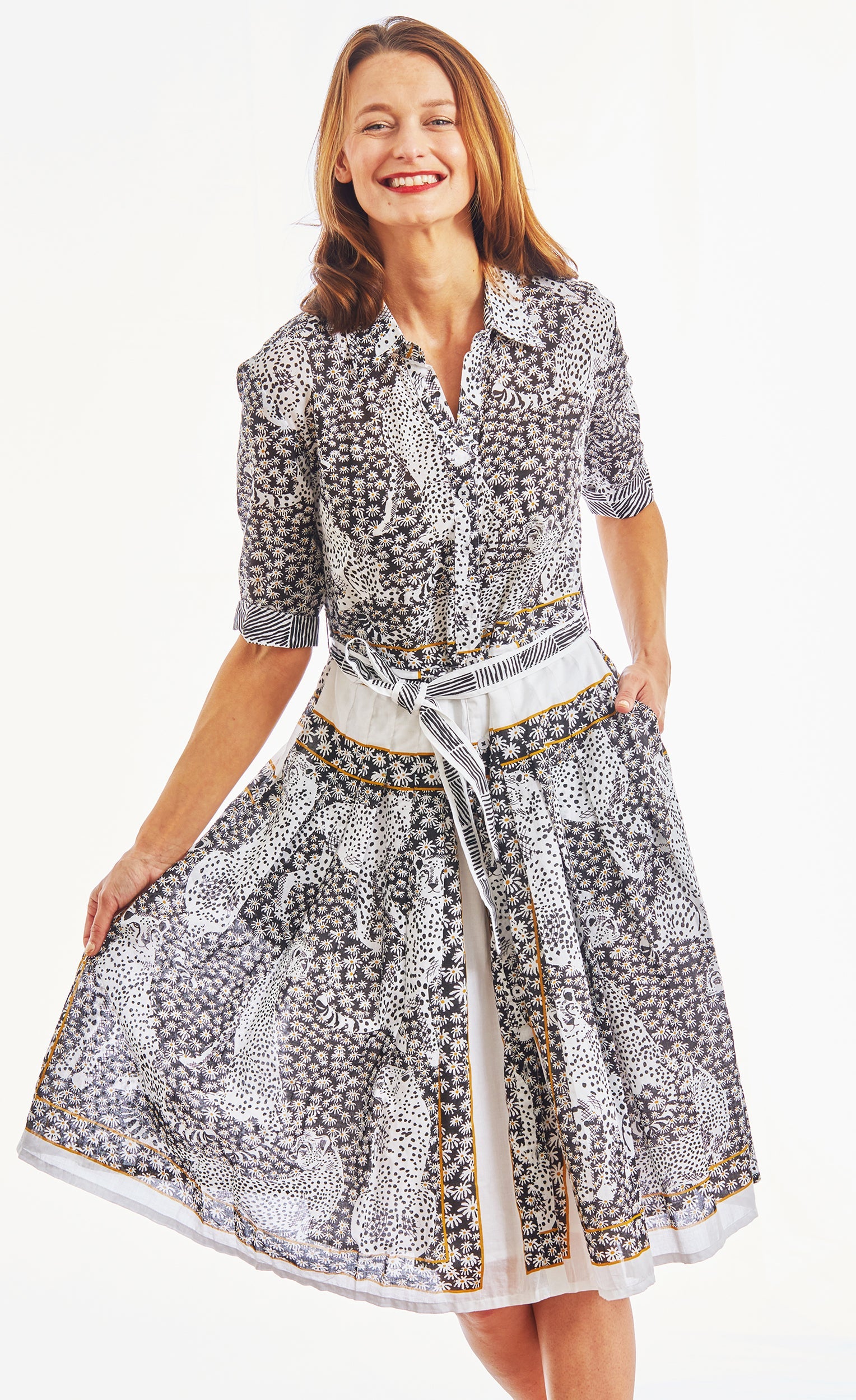 Dizzy-Lizzie Mrs Maisel dress in black and white daisies with cheetah print voile fabric, stylish and elegant for women.