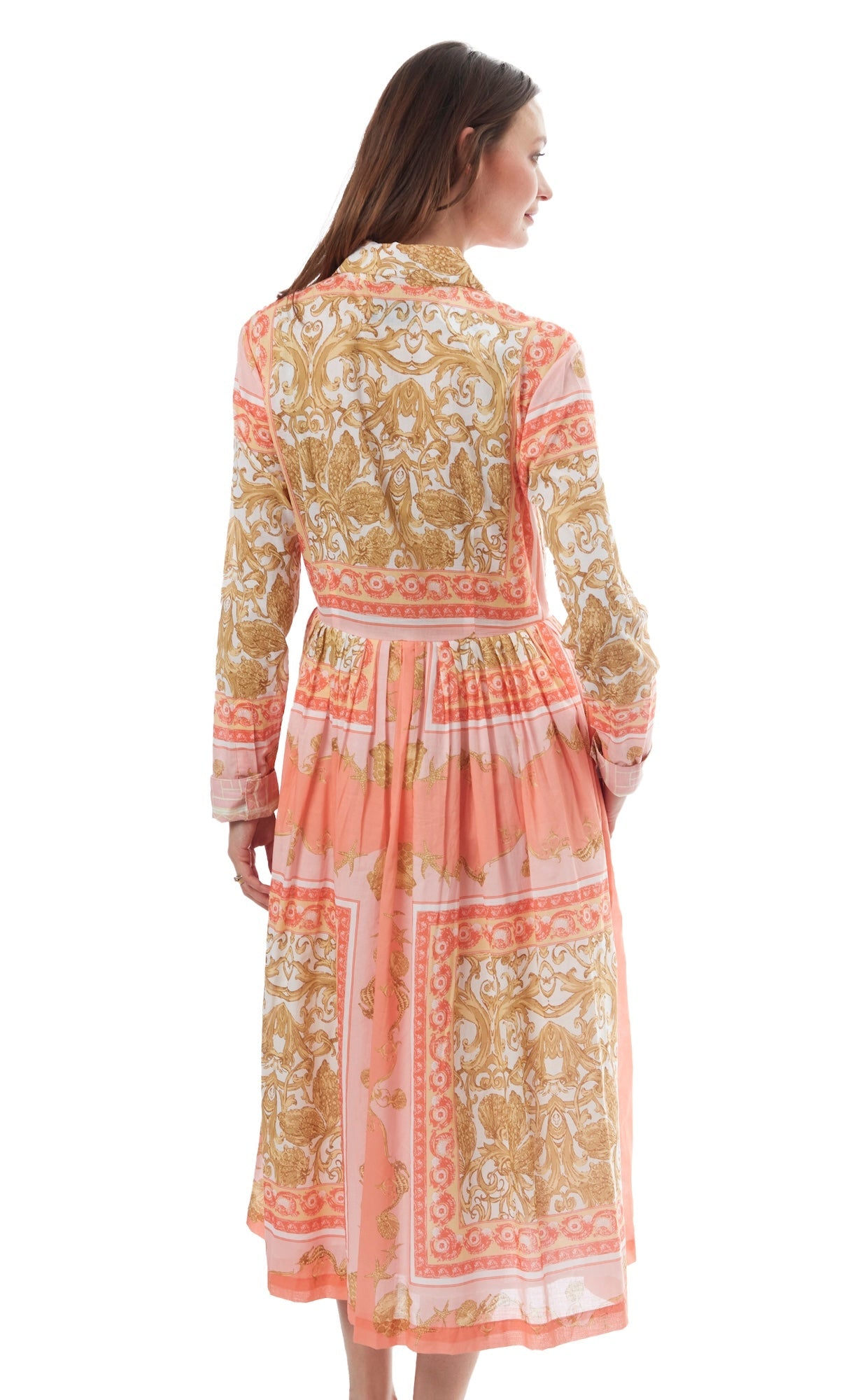 Dizzy-Lizzie tea length button front dress with scroll print, featuring a fitted bodice and flowy skirt for a stylish look.