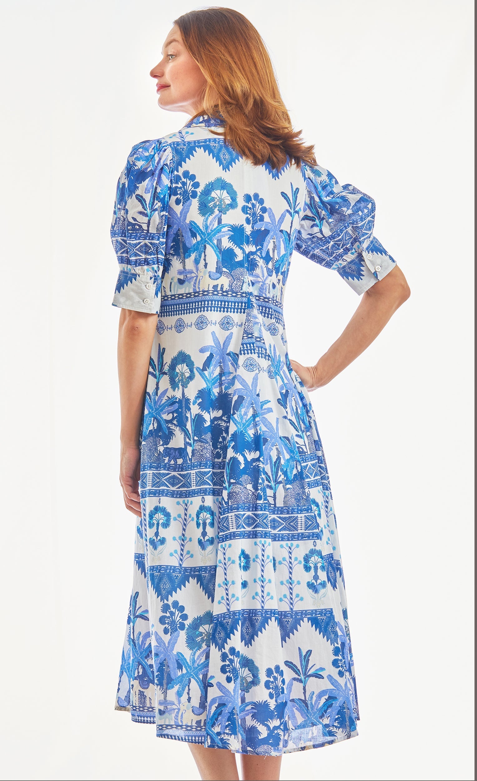 Dizzy-Lizzie Montauk Dress with Ikat print in blue, featuring a casual, flowy design and lightweight fabric.
