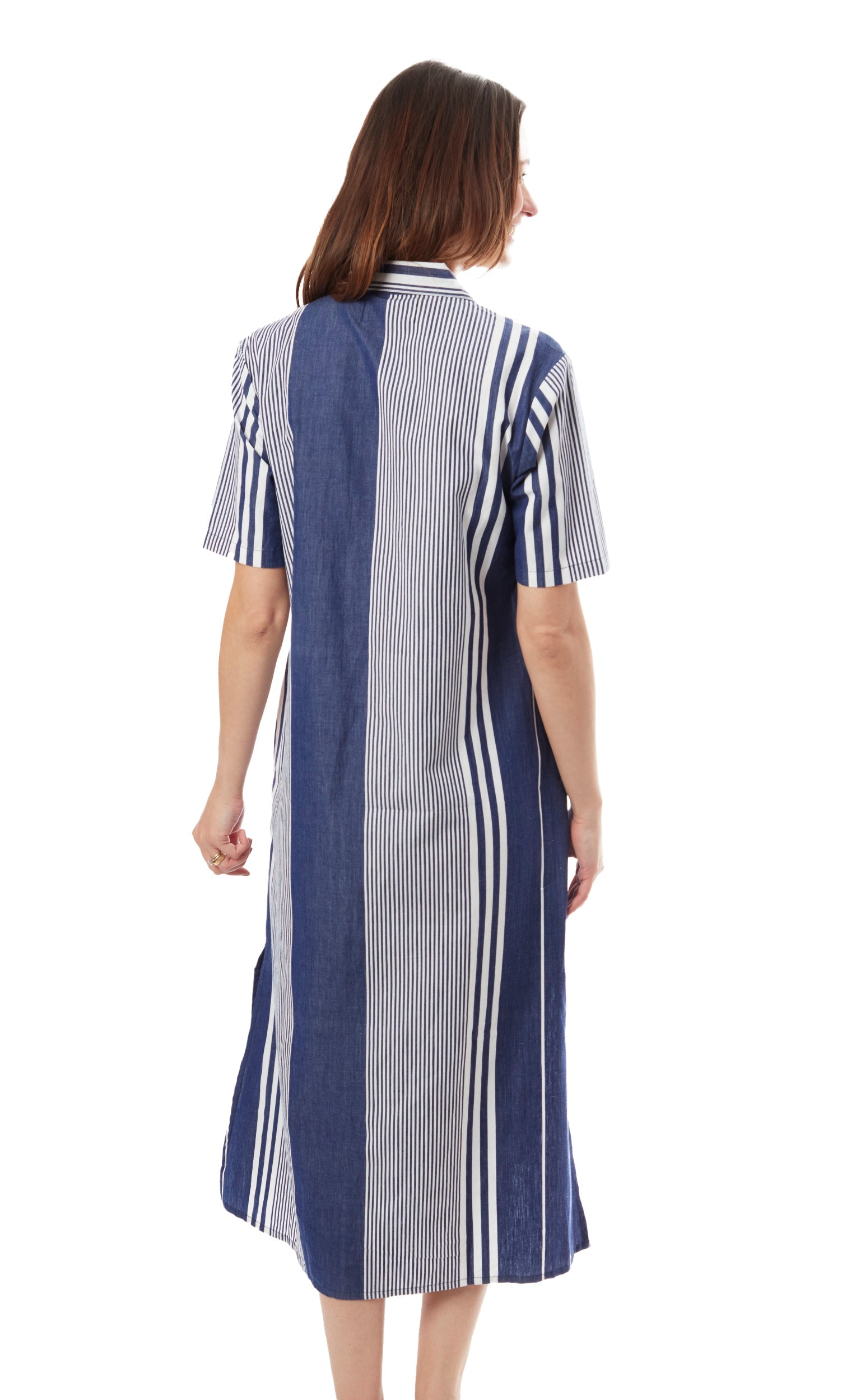 Navy and white striped long dress by Dizzy-Lizzie, featuring a stylish and flowy design perfect for casual or summer wear.