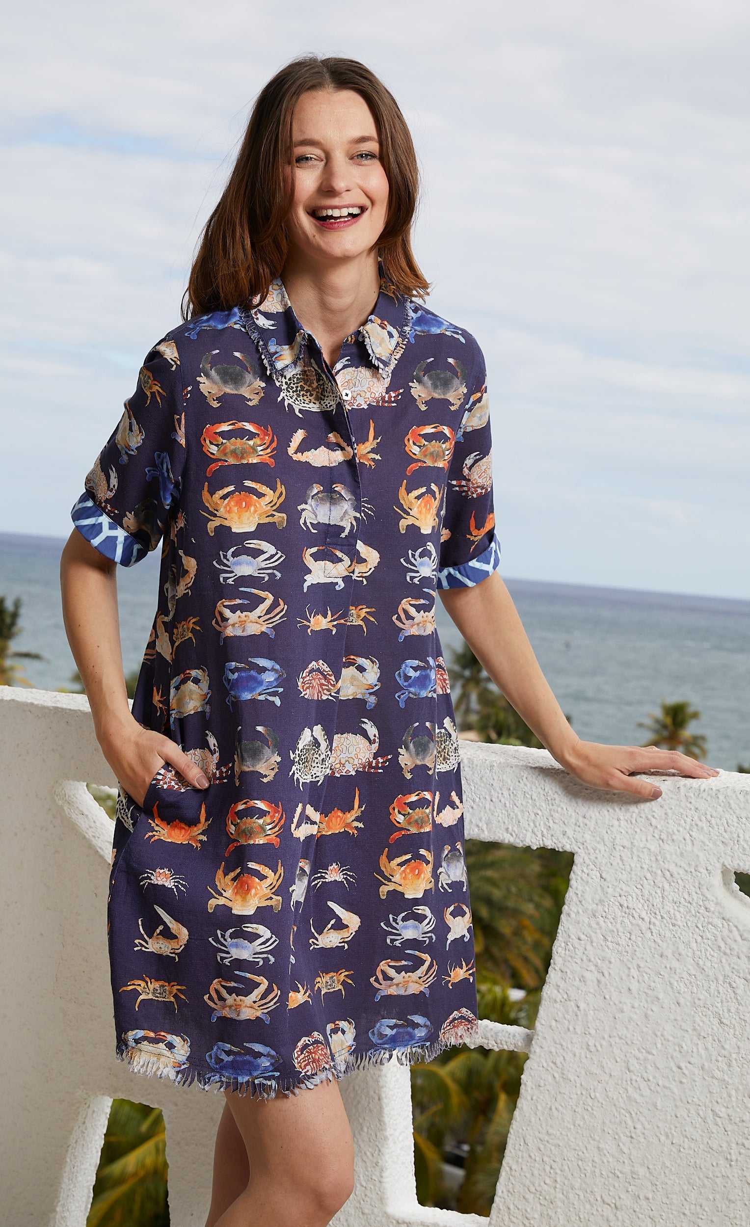 Dizzy-Lizzie Chatham Dress with crab print, lightweight fabric, sleeveless design, and flattering fit for casual summer wear.