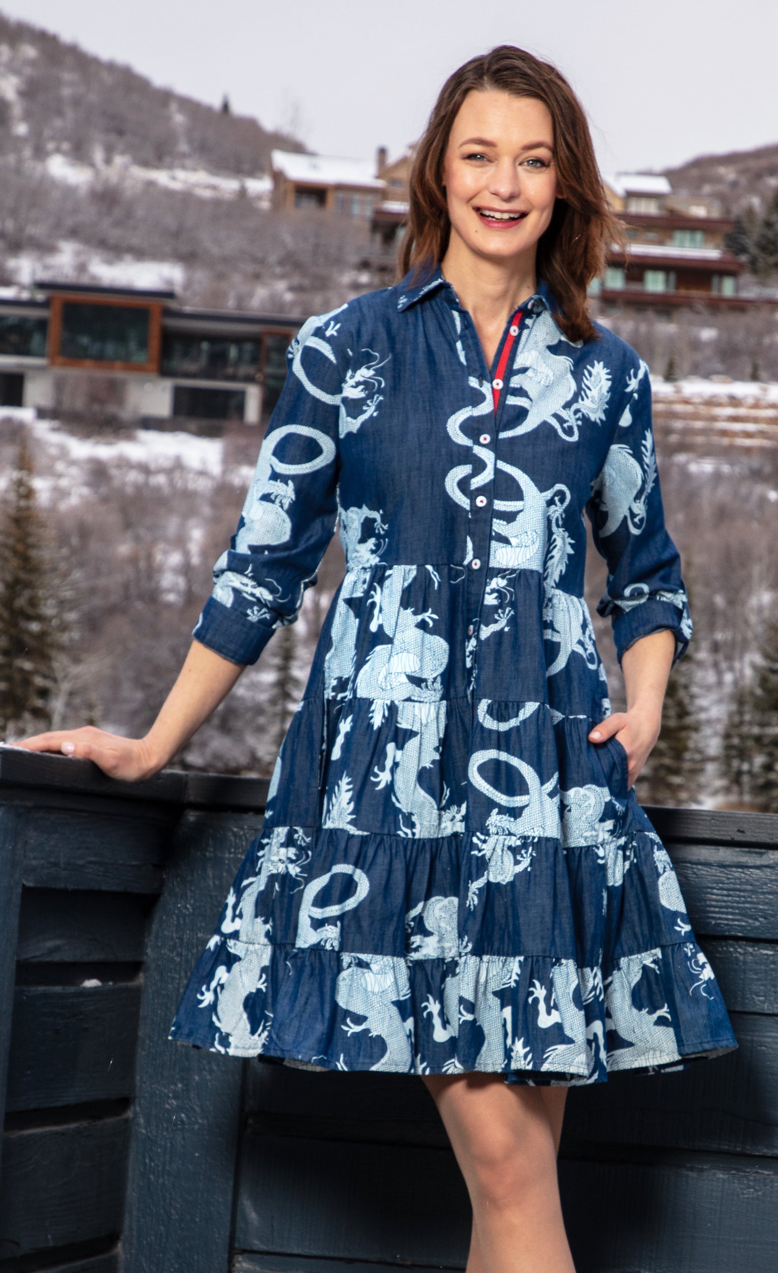 Dizzy-Lizzie Delray Dress in denim with dragon print, stylish casual dress for women, shown on a mannequin.