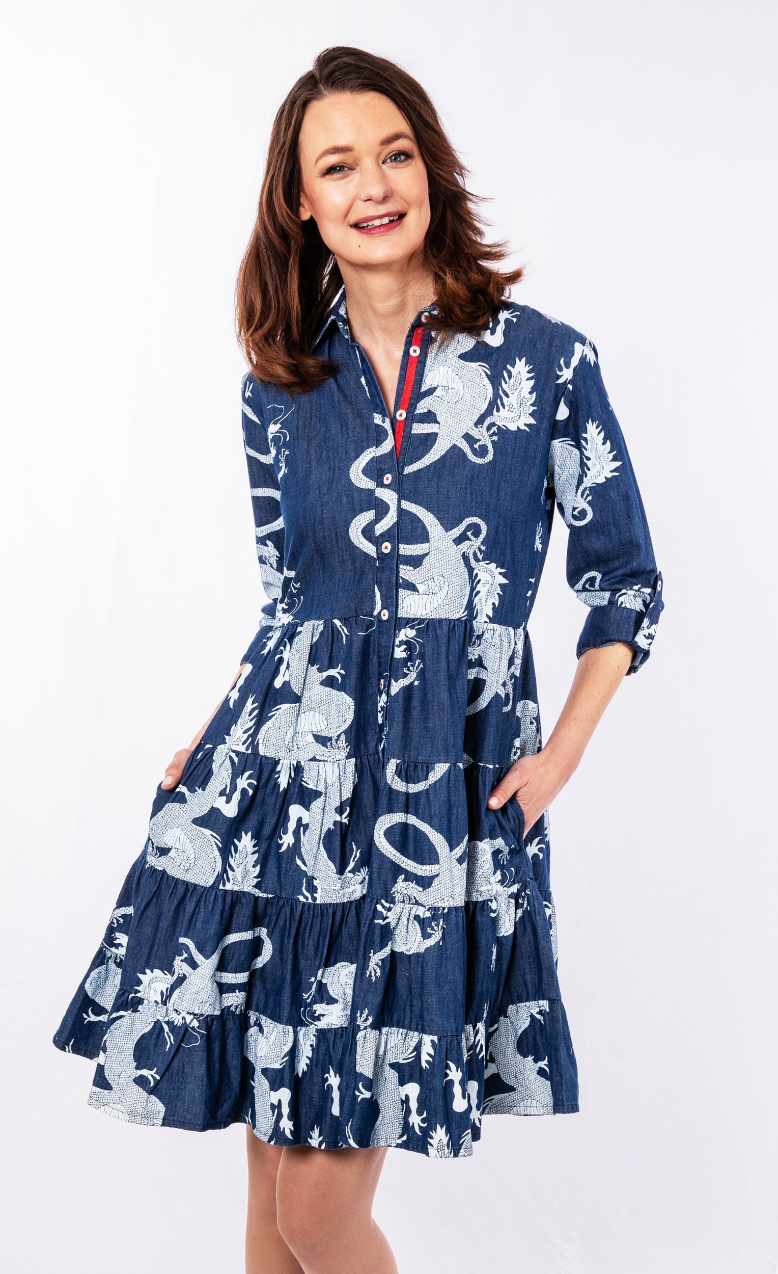 Dizzy-Lizzie Delray Dress Denim Dragon, casual denim dress with dragon print, front view showing neckline and sleeve details.