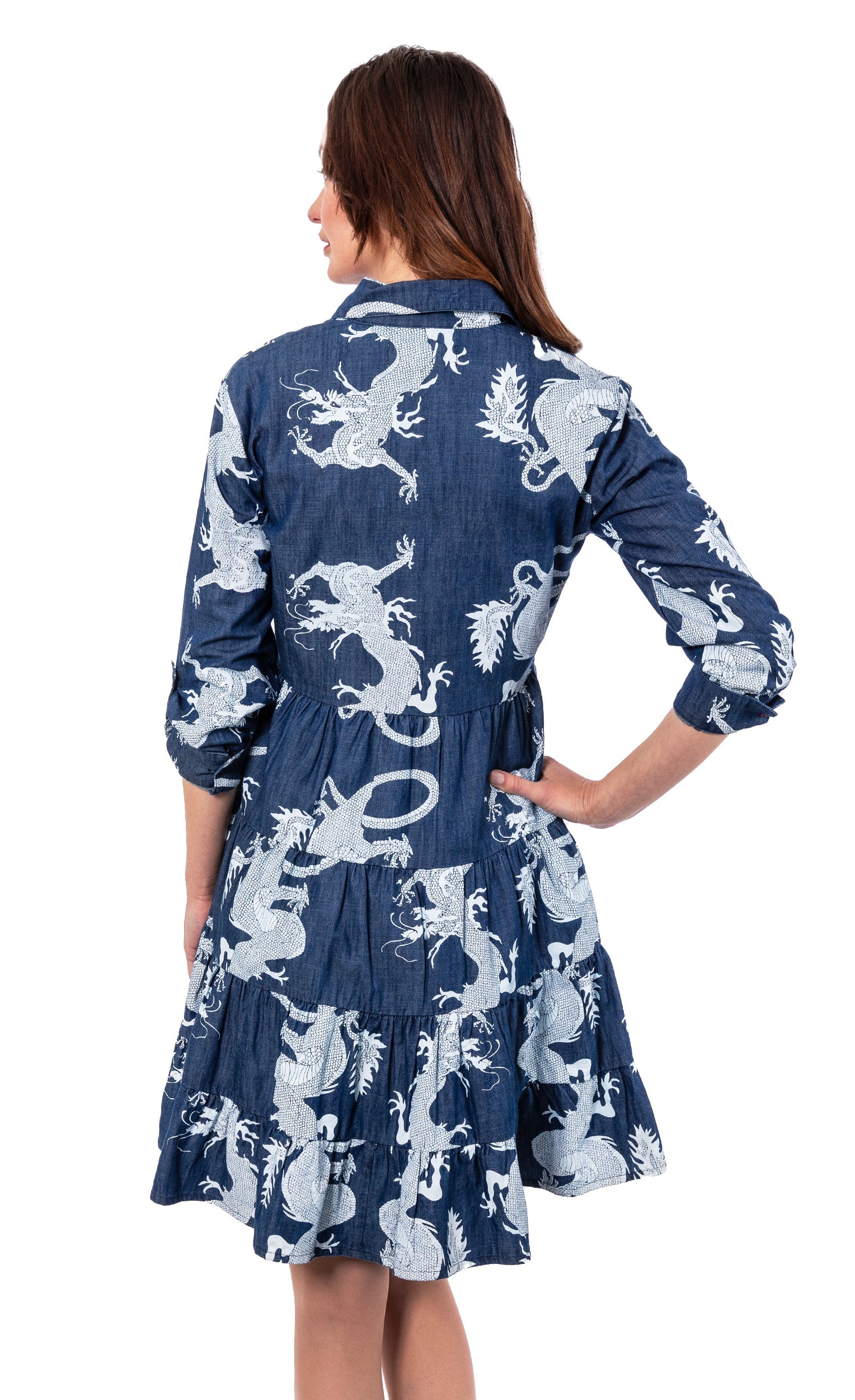 Dizzy-Lizzie Delray Dress Denim Dragon featuring a stylish denim dress with a dragon print, perfect for casual wear.