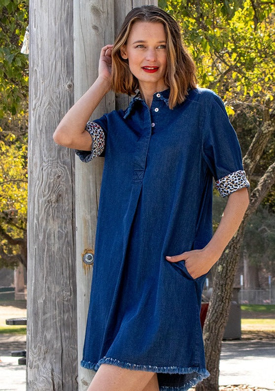 Dizzy-Lizzie Hyannis Dress Denim, casual denim dress with button details and short sleeves, displayed on a hanger.