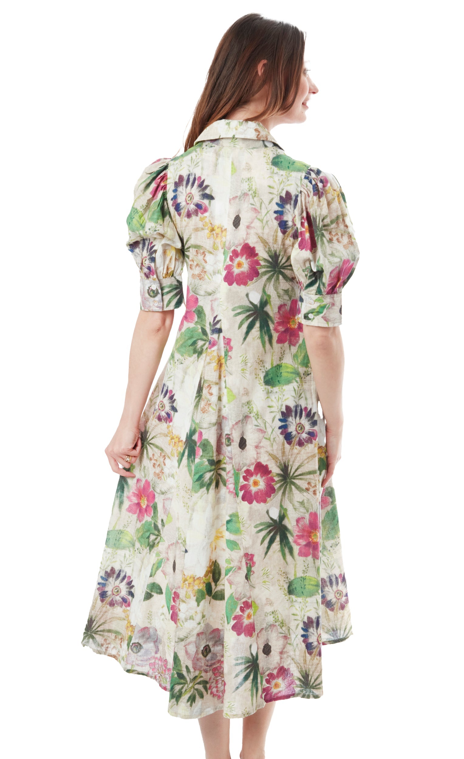 Dizzy-Lizzie Montauk Dress with vibrant botanical print, lightweight fabric, sleeveless design, and flowing silhouette.
