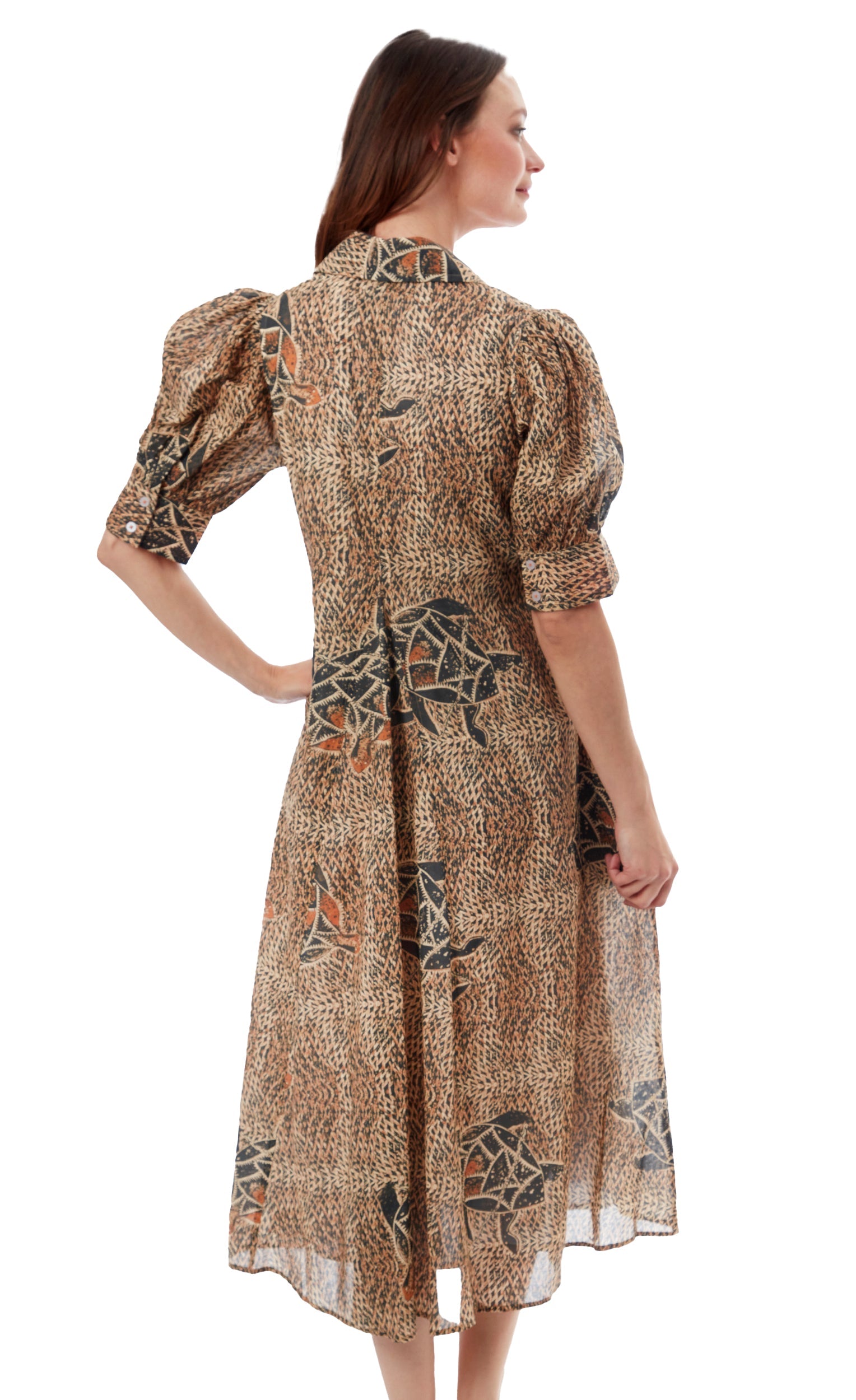 Dizzy-Lizzie Montauk Dress with turtle print, lightweight fabric, sleeveless design, and casual summer style.