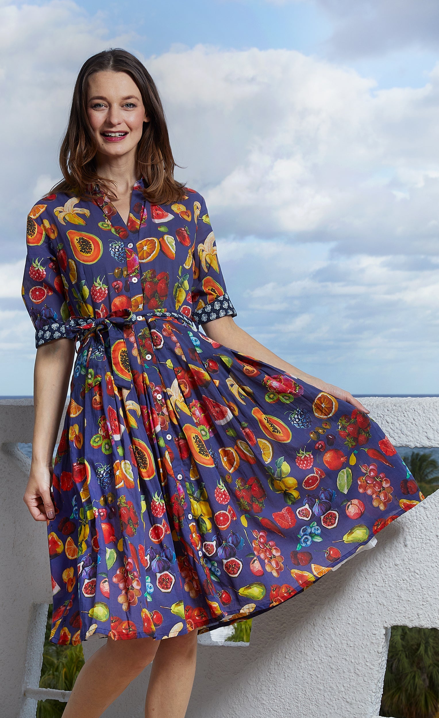 Dizzy-Lizzie Mrs Maisel fruit print dress with vibrant colorful fruit patterns and a classic fit, stylish and eye-catching.