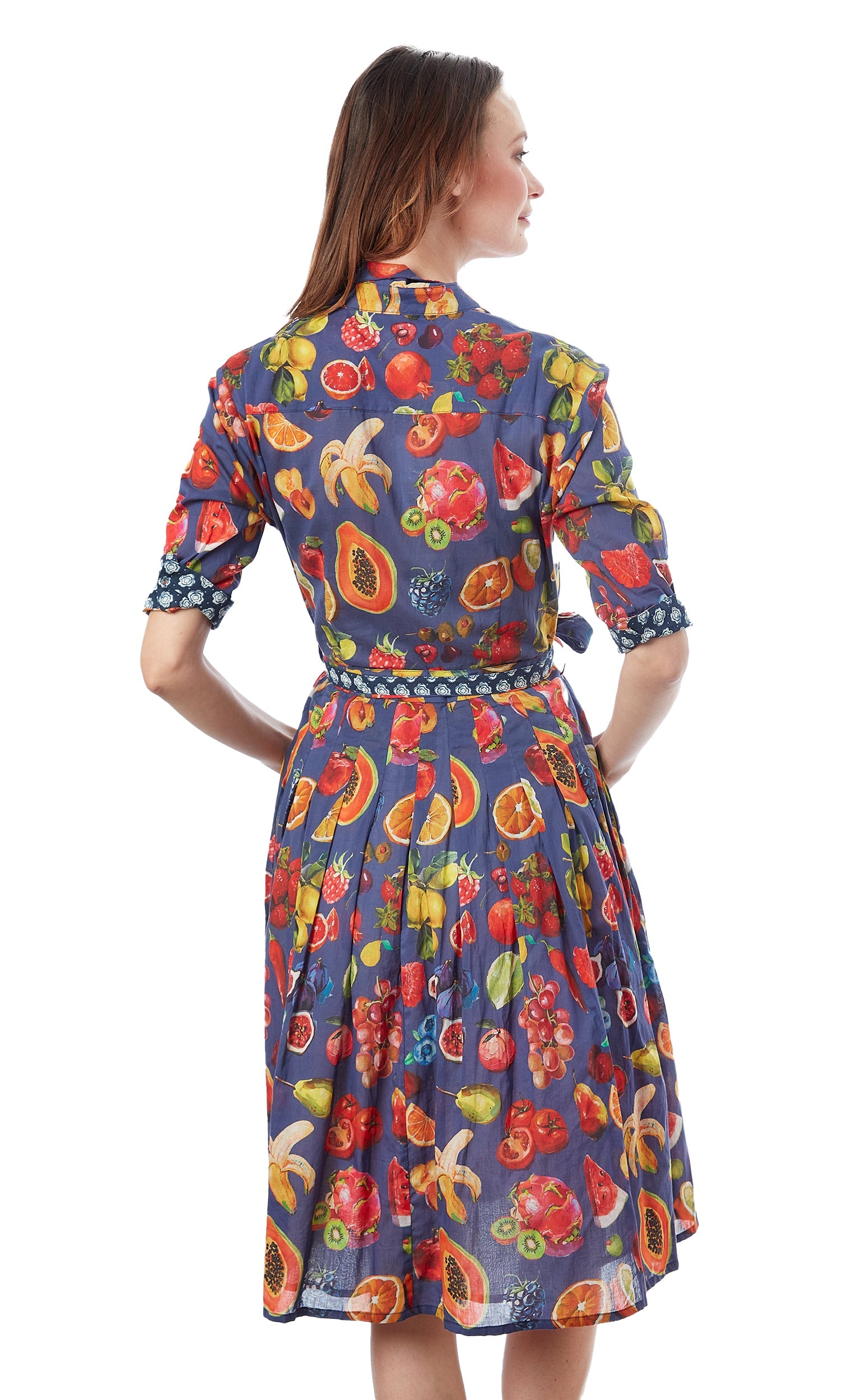 Dizzy-Lizzie Mrs Maisel fruit print dress with colorful fruit pattern and vintage-inspired design on lightweight fabric.