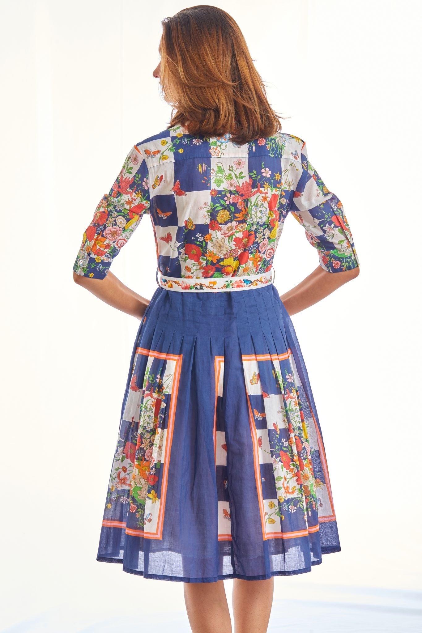 Dizzy-Lizzie Mrs Maisel Navy Dress with Box Print and Butterfly Pattern, featuring a stylish, vintage-inspired design.