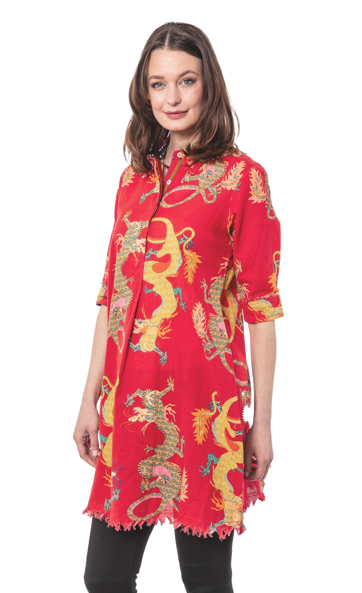 Red Dragon Chatham Dress by Dizzy-Lizzie, featuring a stylish red dress with dragon pattern, displayed on a hanger.
