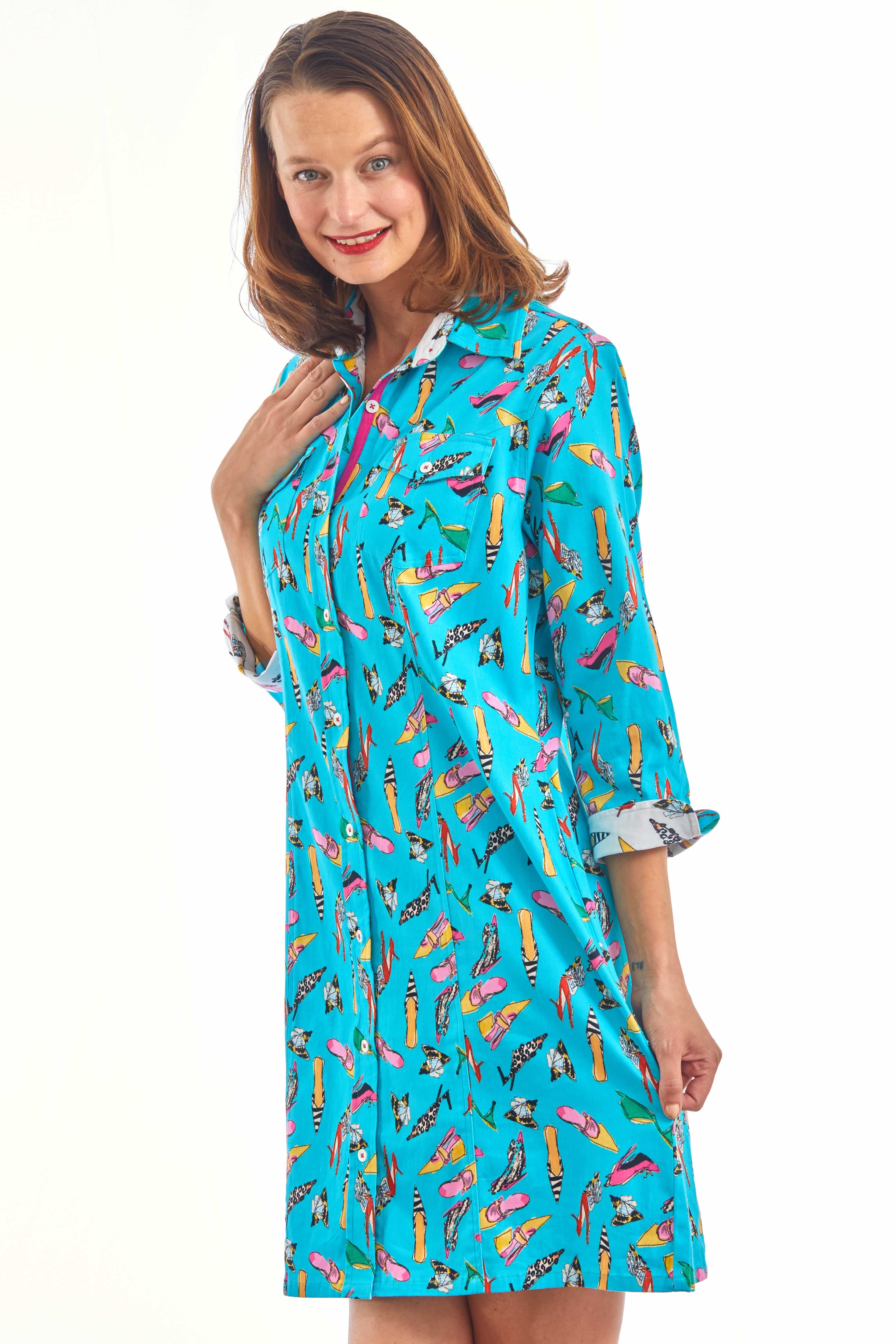 Turquoise Sag Harbor Dress by Dizzy-Lizzie with shoe print pattern, flowing fabric, and sleeveless design.