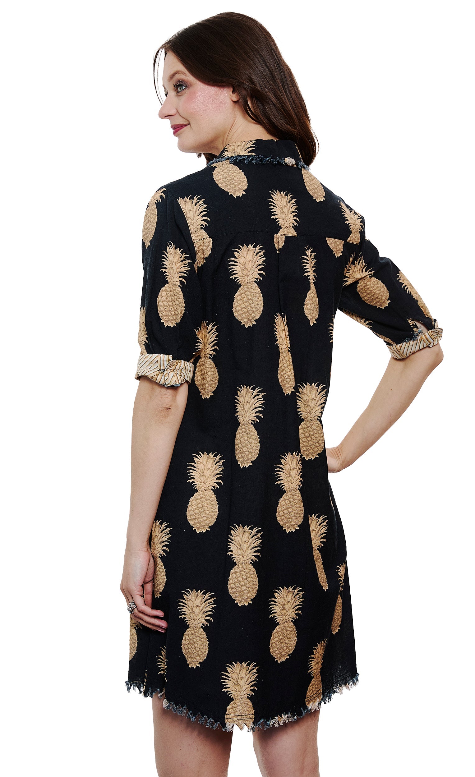 Black and gold pineapple print cotton linen dress by Dizzy-Lizzie, showcasing a stylish Chatham dress design.