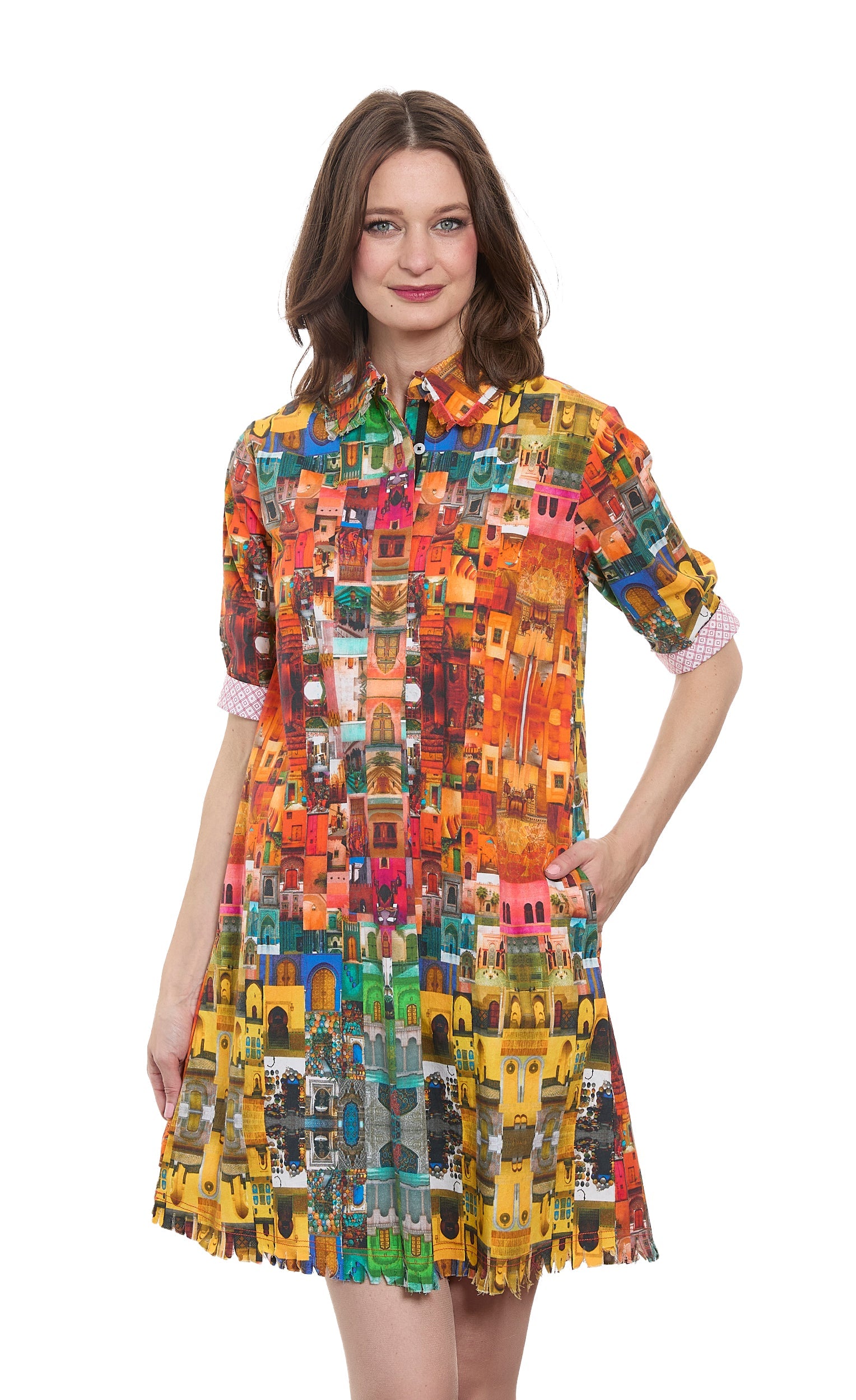 Dizzy-Lizzie Chatham Dress with multi-door print, lightweight fabric, sleeveless design, and vibrant pattern for casual wear.
