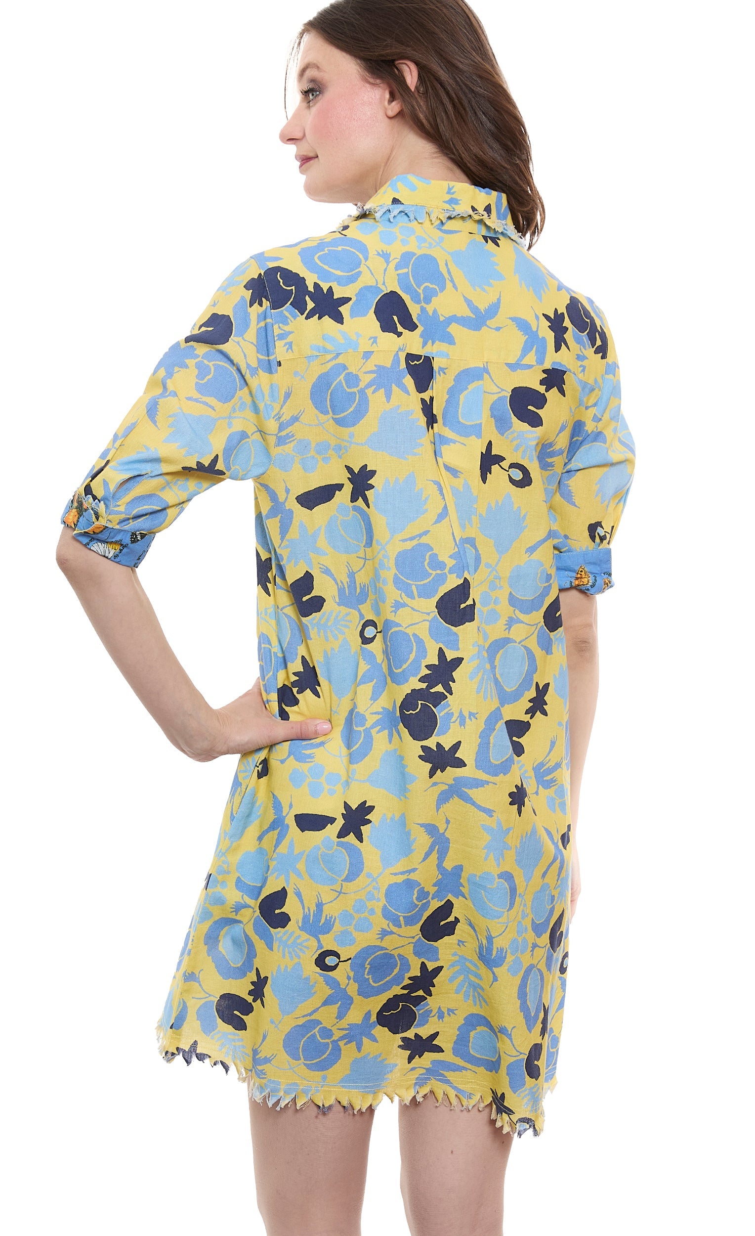 Dizzy-Lizzie Chatham yellow and blue floral dress with a fitted bodice and flowing skirt, perfect for spring and summer wear.