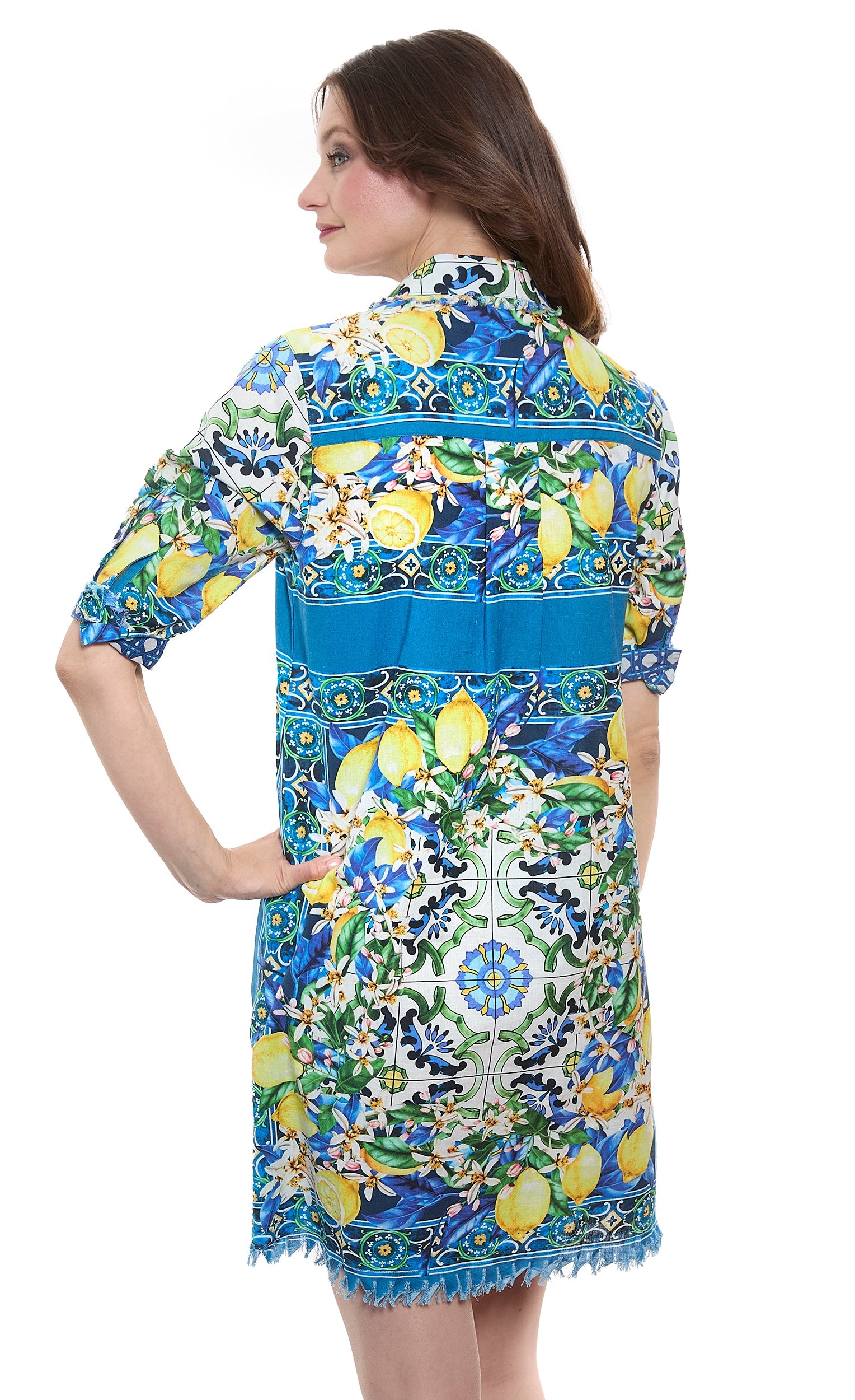 Dizzy-Lizzie Chatham Lemons print cotton linen dress with short sleeves and a relaxed fit, featuring a vibrant lemon pattern.