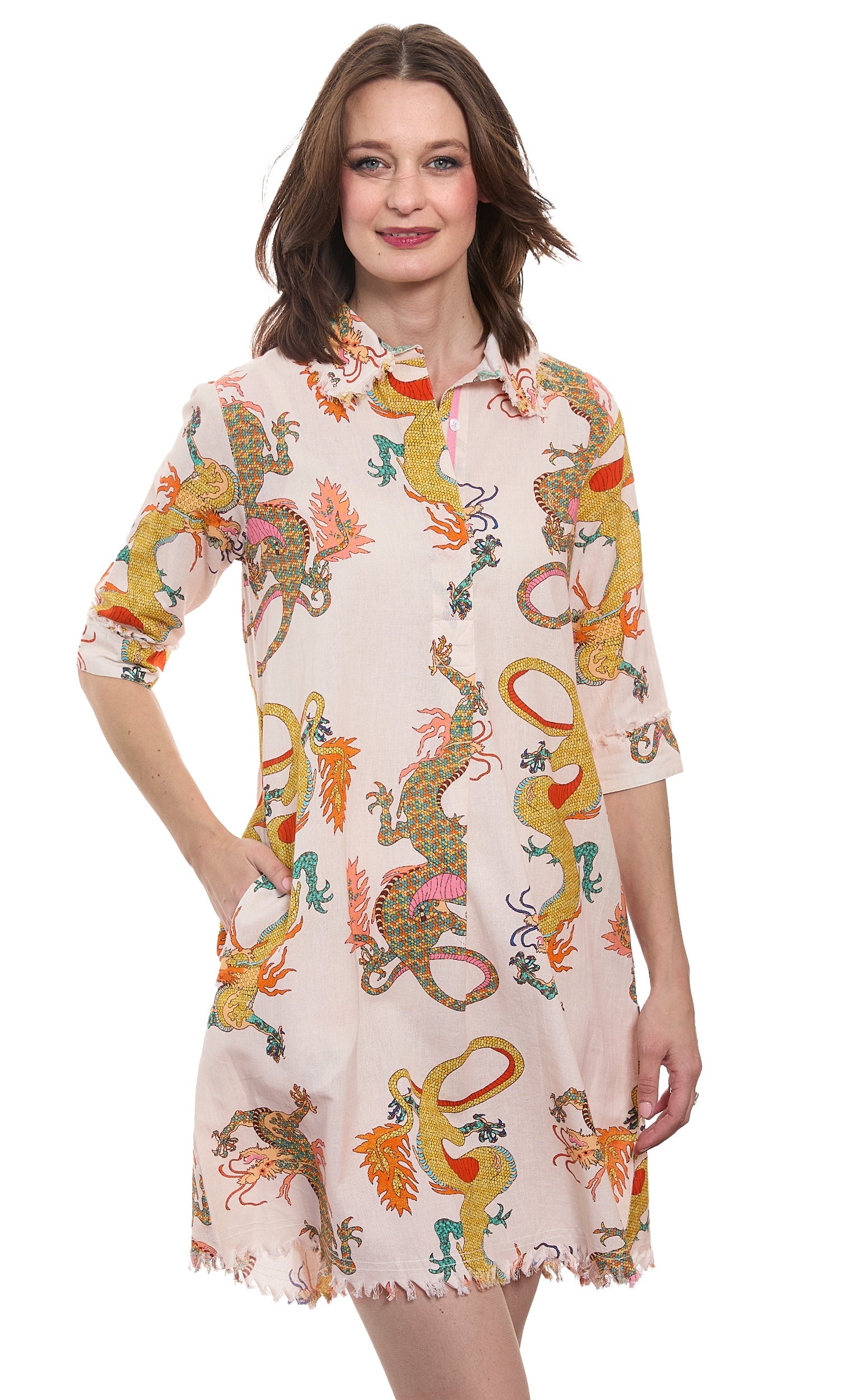Dizzy-Lizzie Chatham natural ground dragon print cotton linen dress with a relaxed fit and vibrant dragon pattern.