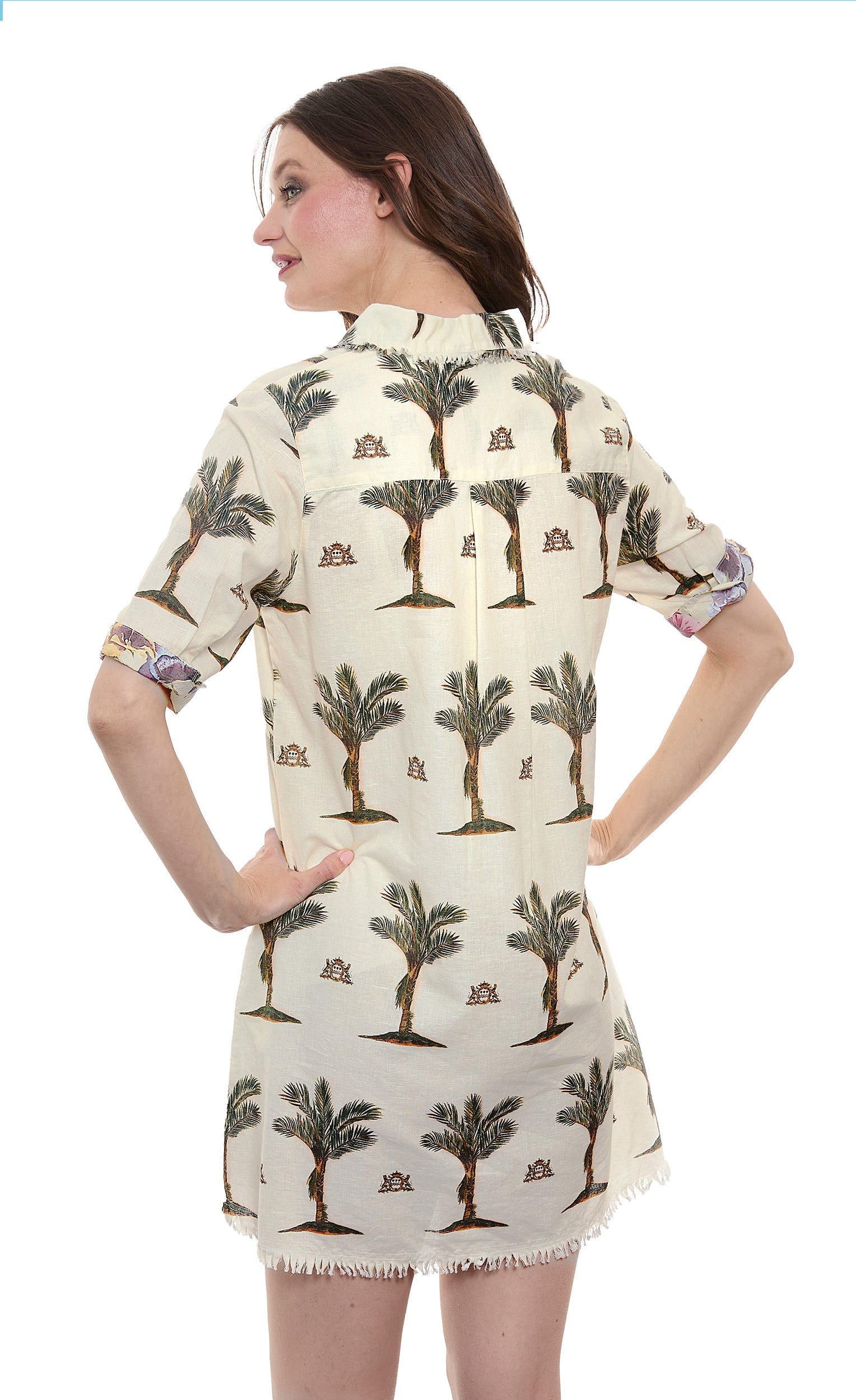 Dizzy-Lizzie Chatham Palms print dress featuring a flowy fabric and tropical palm leaf design on a stylish summer dress