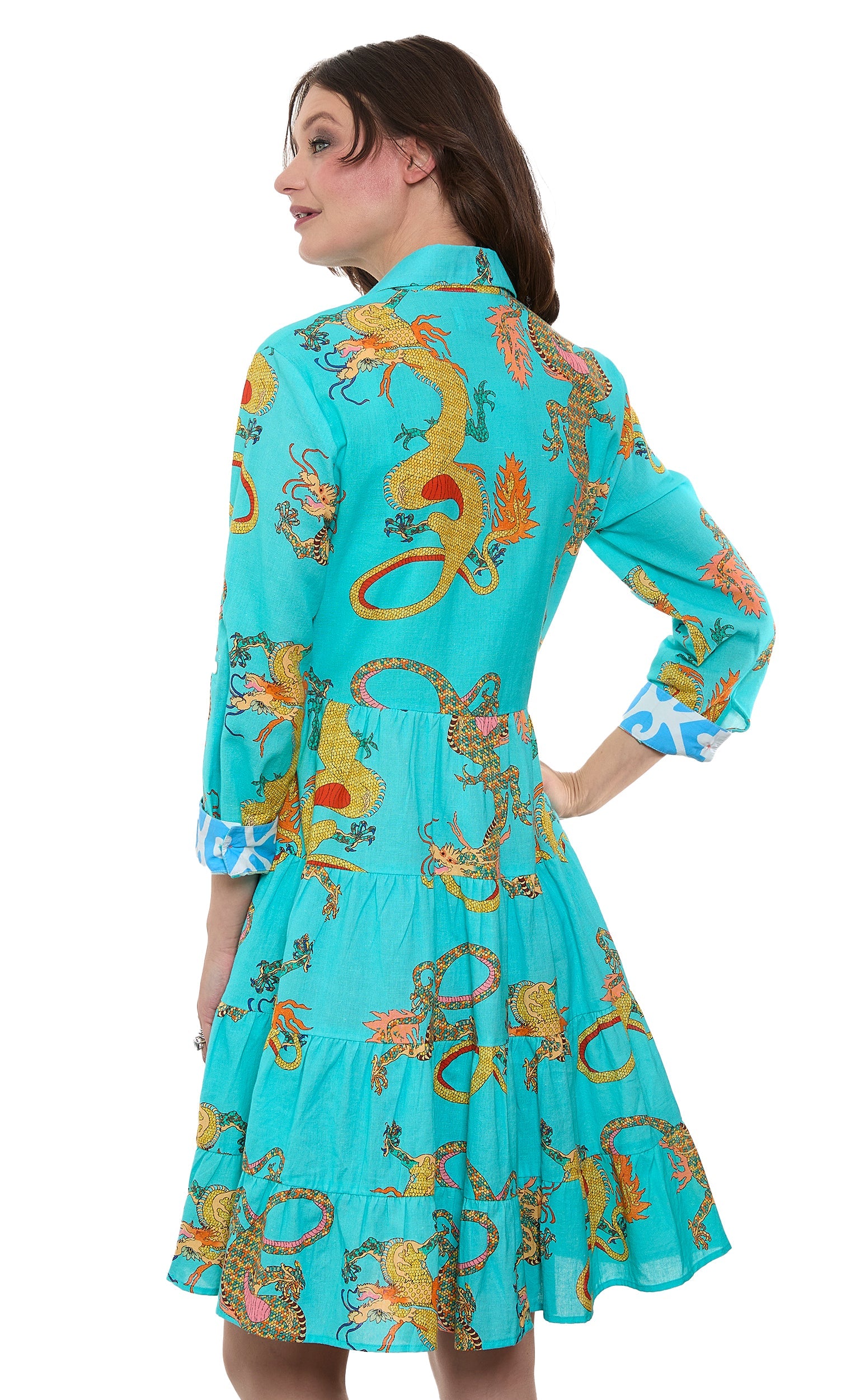 Dizzy-Lizzie Delray Dress made of linen and cotton with turquoise dragons print, featuring a relaxed fit and stylish design.