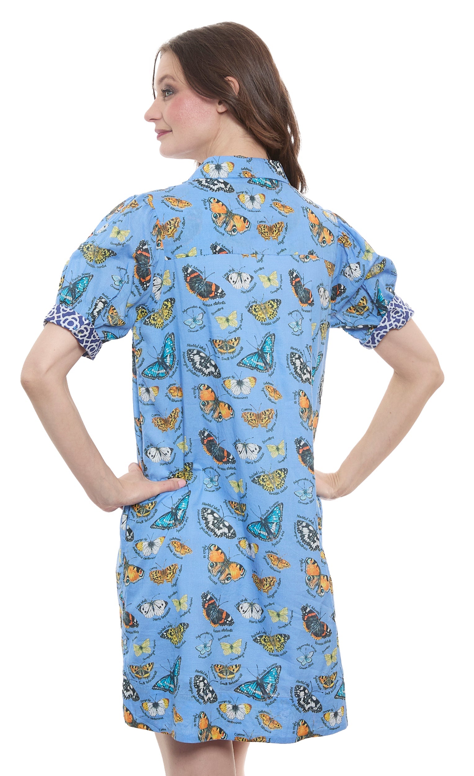 Dizzy-Lizzie Left Bank Puff Sleeve Dress with butterfly print on cotton voile fabric, featuring puffed sleeves and a charming design.