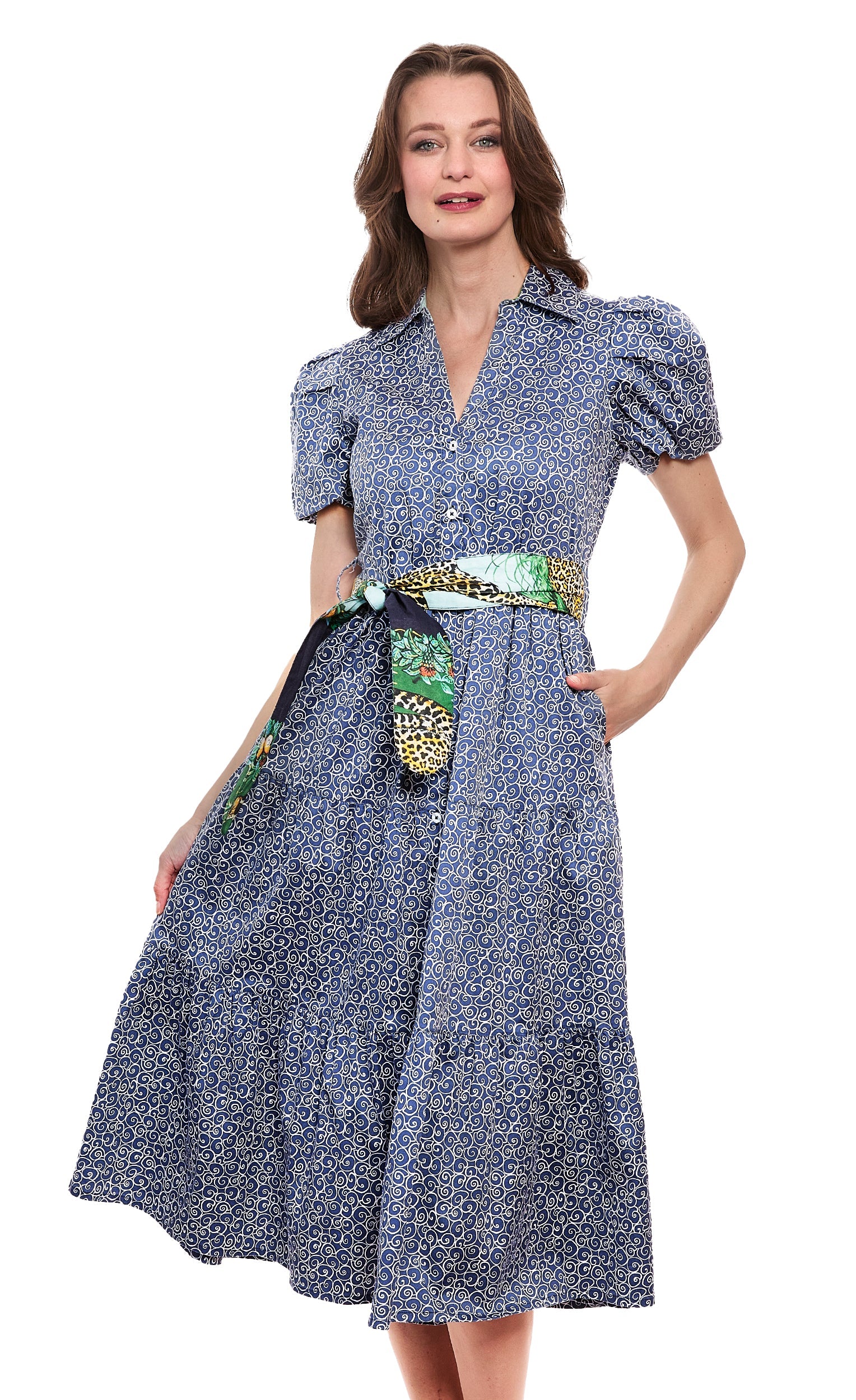 Dizzy-Lizzie Litchfield navy and white swirl print dress featuring a stylish, flowy design and sleeveless silhouette.