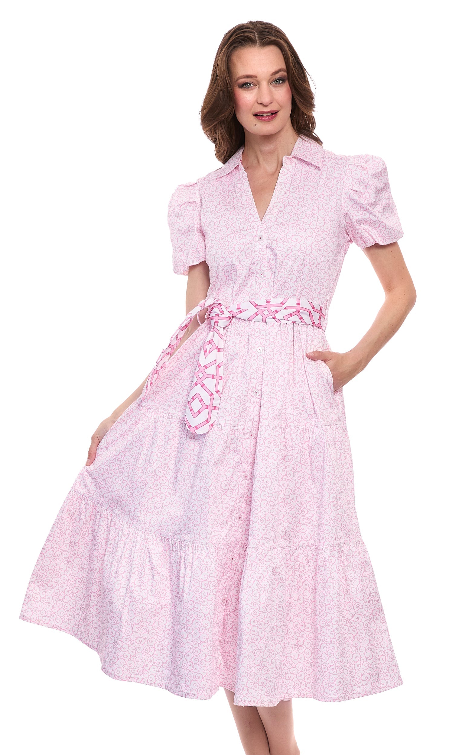 Pink and white swirl print dress by Dizzy-Lizzie, featuring a stylish design and flowing fabric from the Litchfield collection.