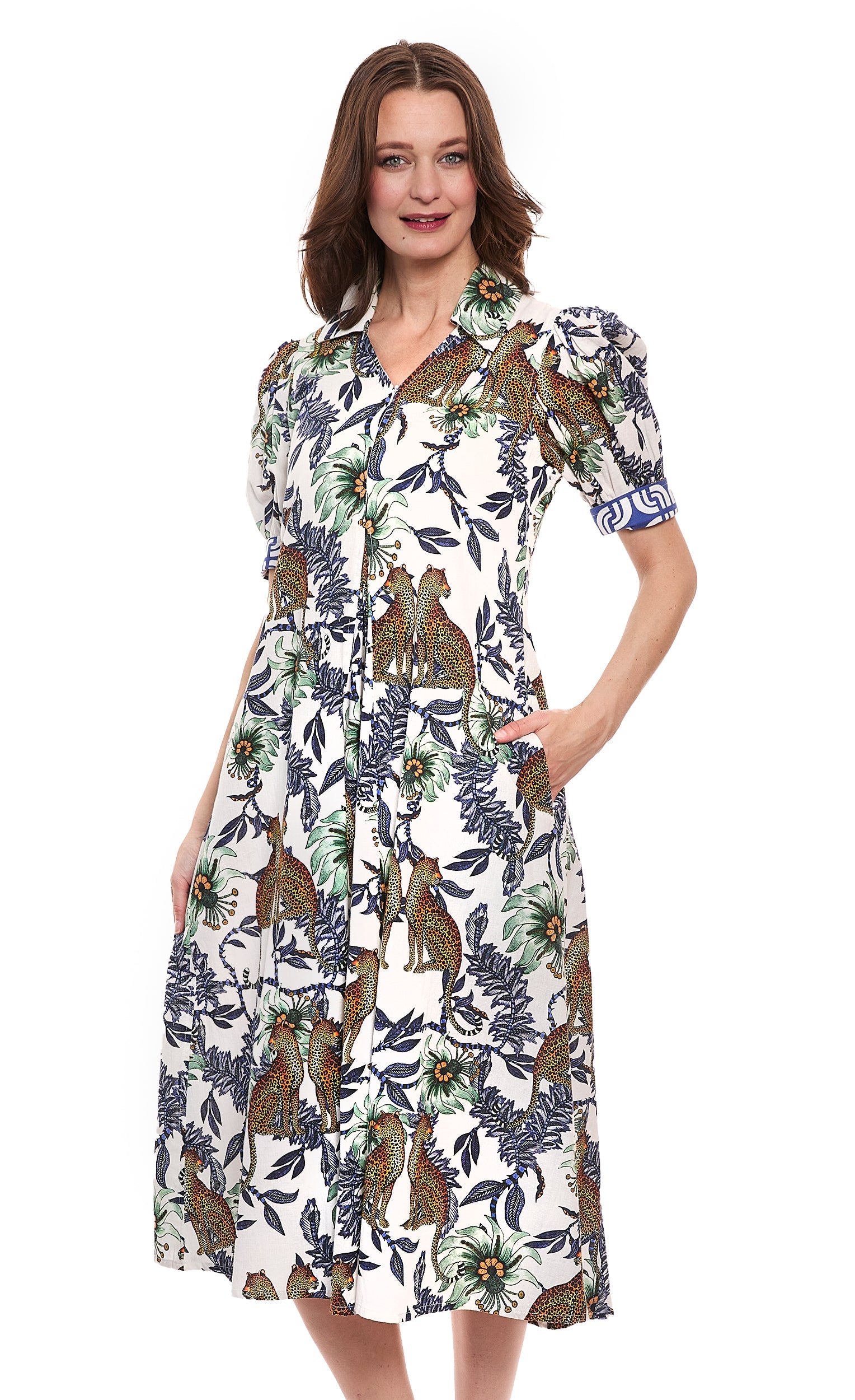 Dizzy-Lizzie Montauk dress featuring a cheetah and floral linen cotton fabric, showcasing a stylish, casual summer dress.
