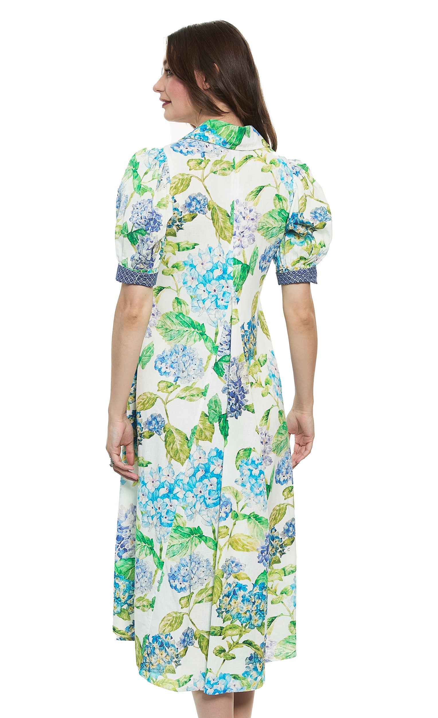 Dizzy-Lizzie Montauk Dress in linen and cotton with a hydrangeas print, featuring a flowy design and sleeveless style.