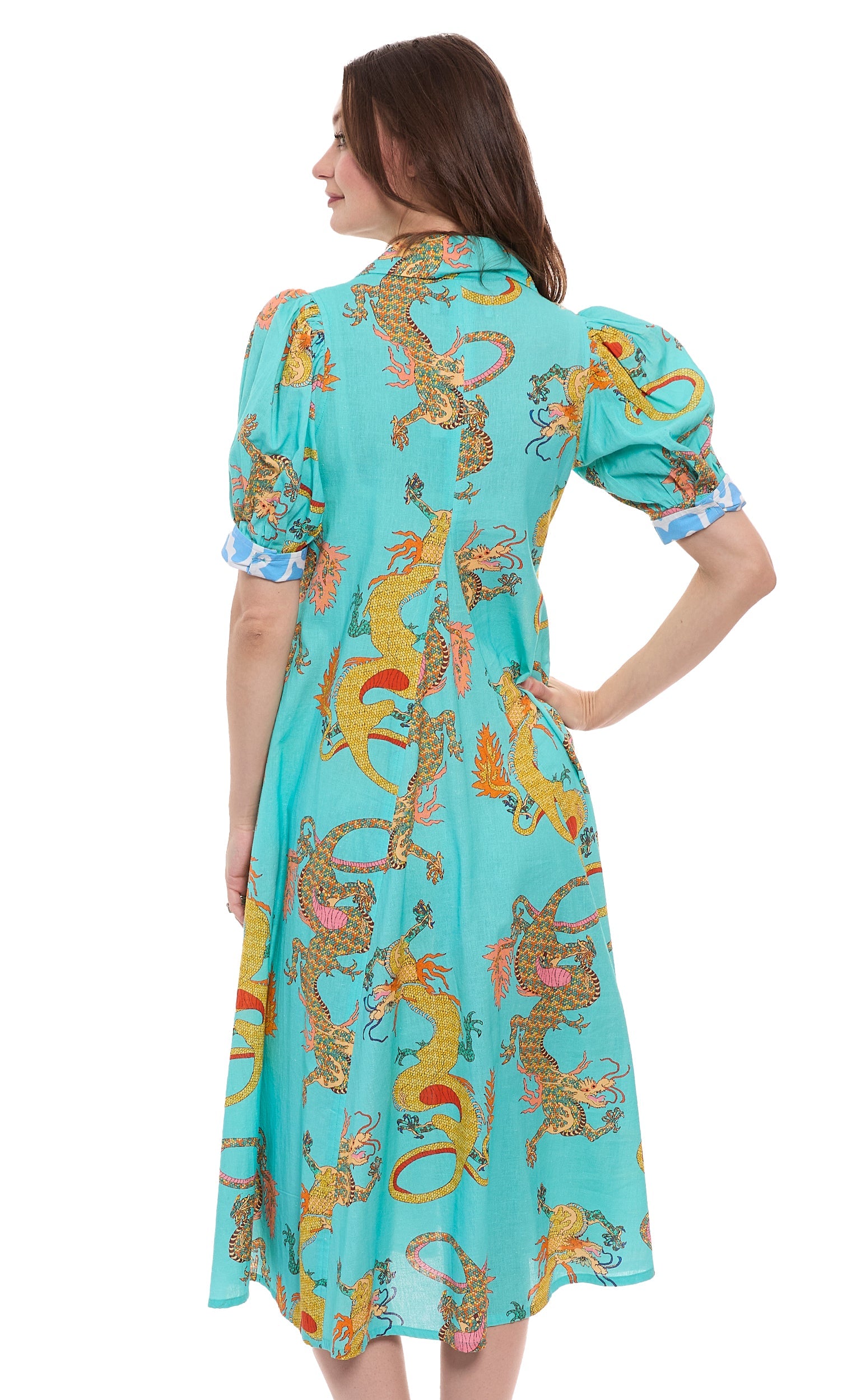 Dizzy-Lizzie Montauk Dress made of linen and cotton with turquoise dragons print, featuring a flowing design and casual style.