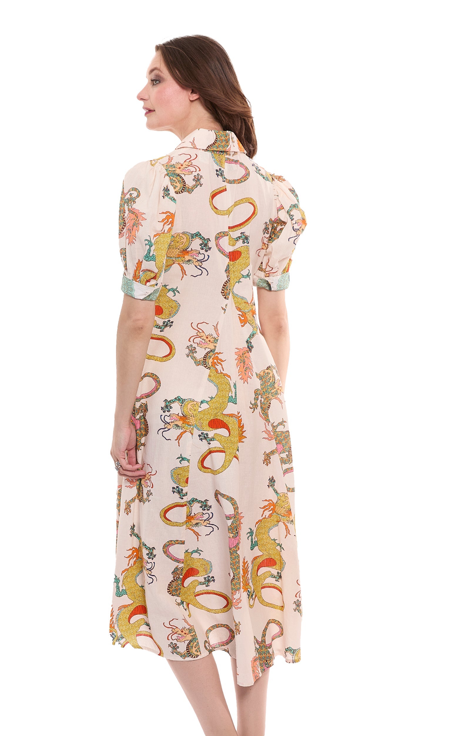 Dizzy-Lizzie Montauk Dress with natural cotton linen fabric featuring a vibrant dragon print design.