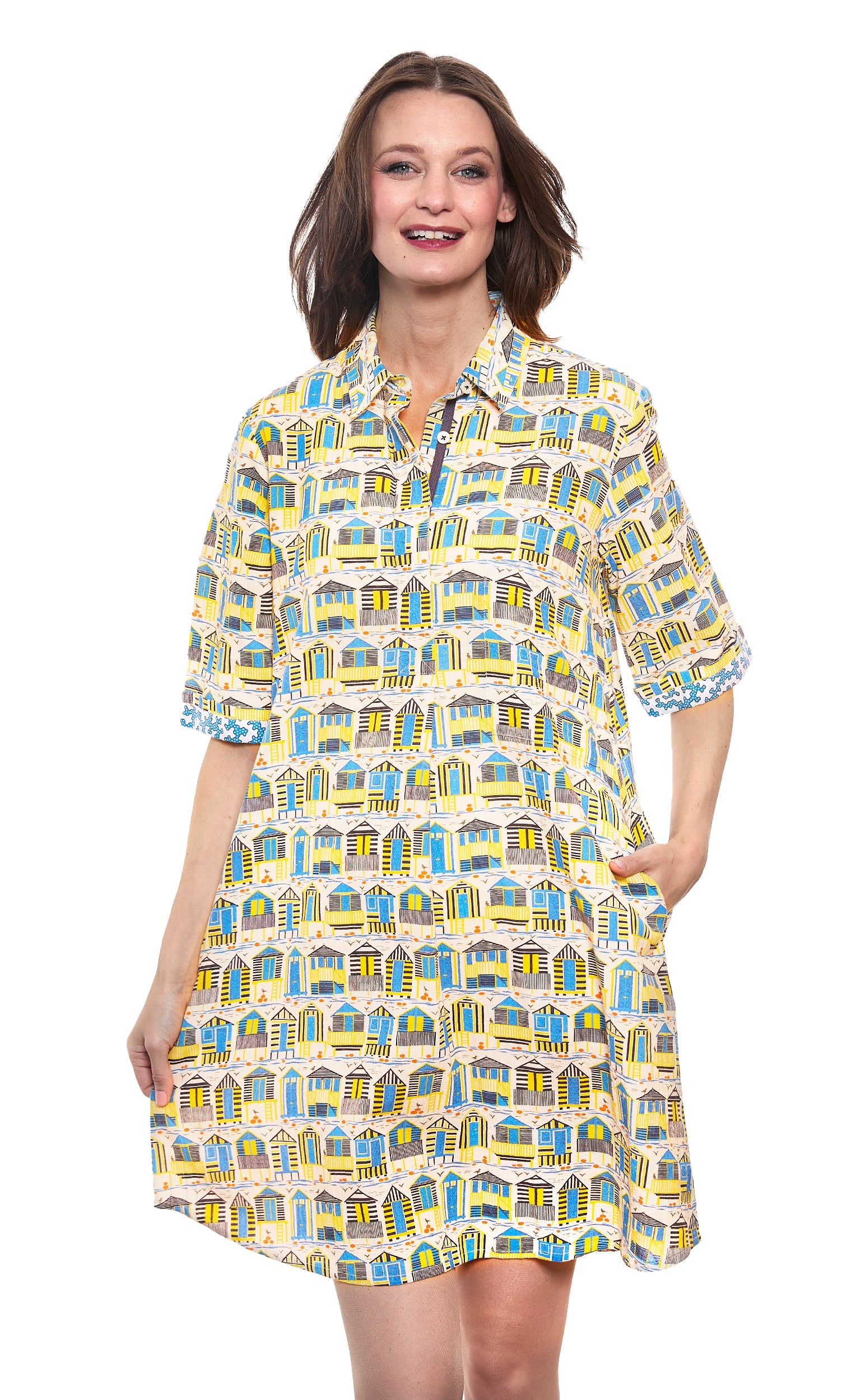 Cotton linen Monterey Dress by Dizzy-Lizzie featuring a colorful cabana print, sleeveless design, and flowing silhouette.