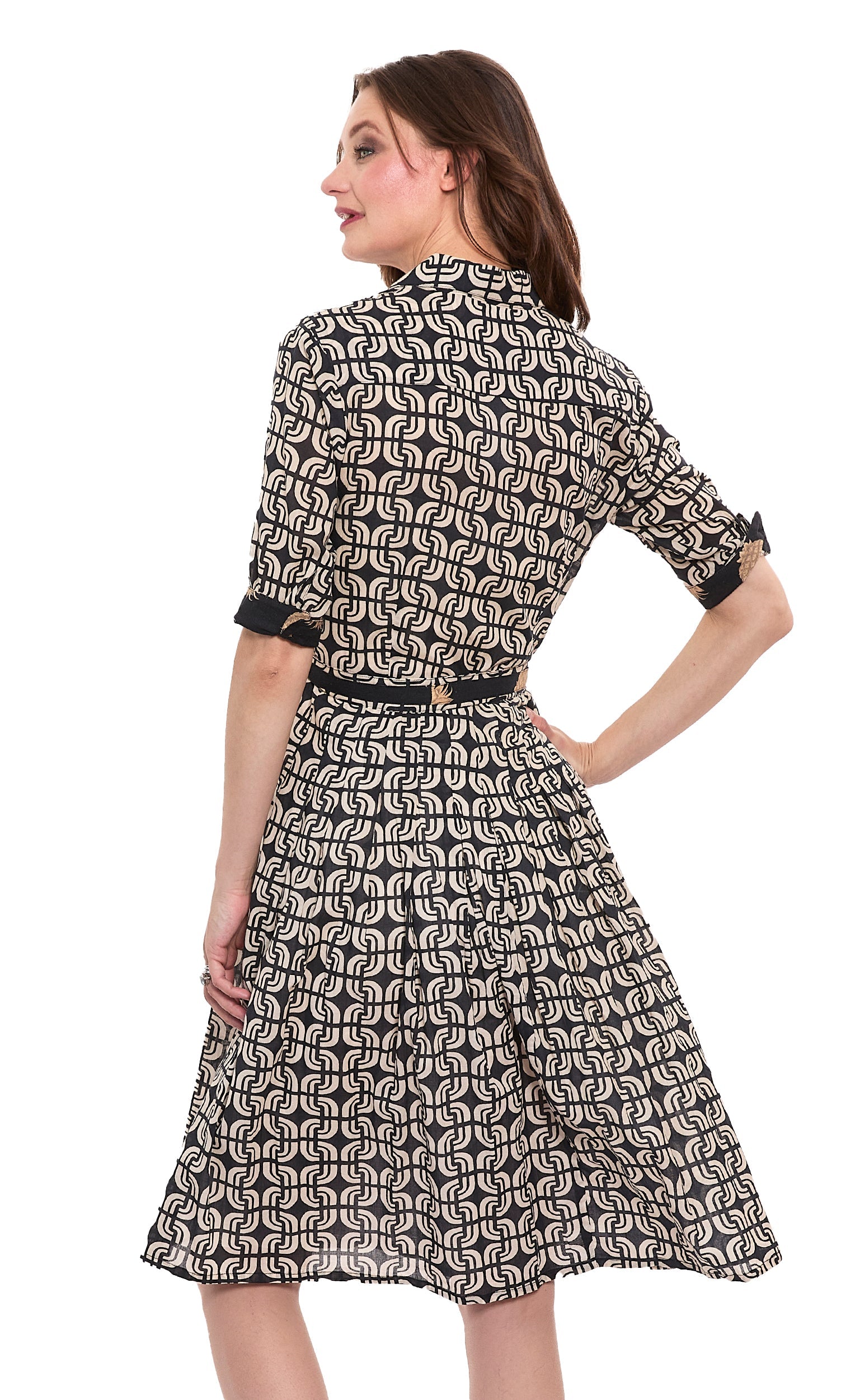 Black and ivory geo print cotton voile dress by Dizzy-Lizzie, featuring a flowing, stylish design.