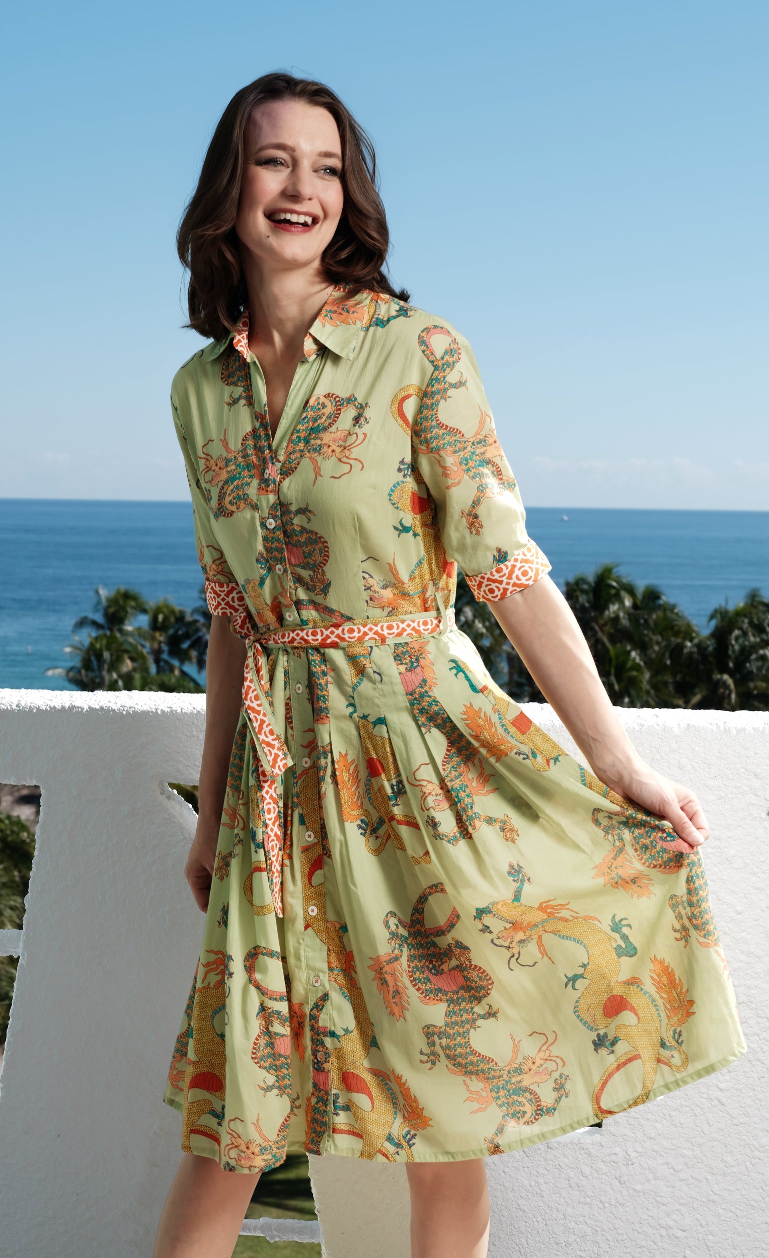 Soft green Mrs Maisel dress by Dizzy-Lizzie featuring a dragon print, made of lightweight cotton voile fabric.
