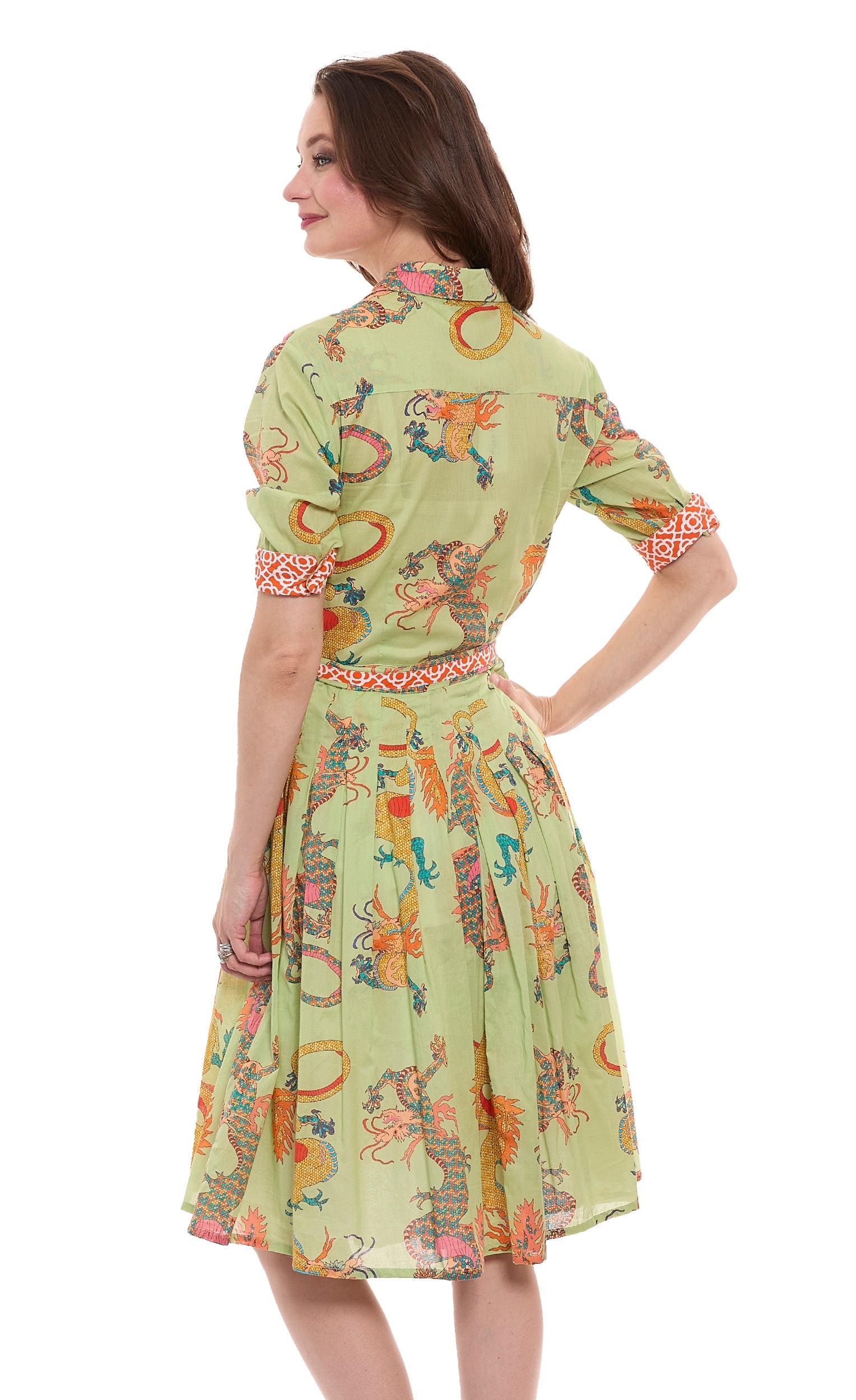 Soft green Mrs Maisel dress by Dizzy-Lizzie featuring dragon print cotton voile fabric, stylish and lightweight for summer wear.