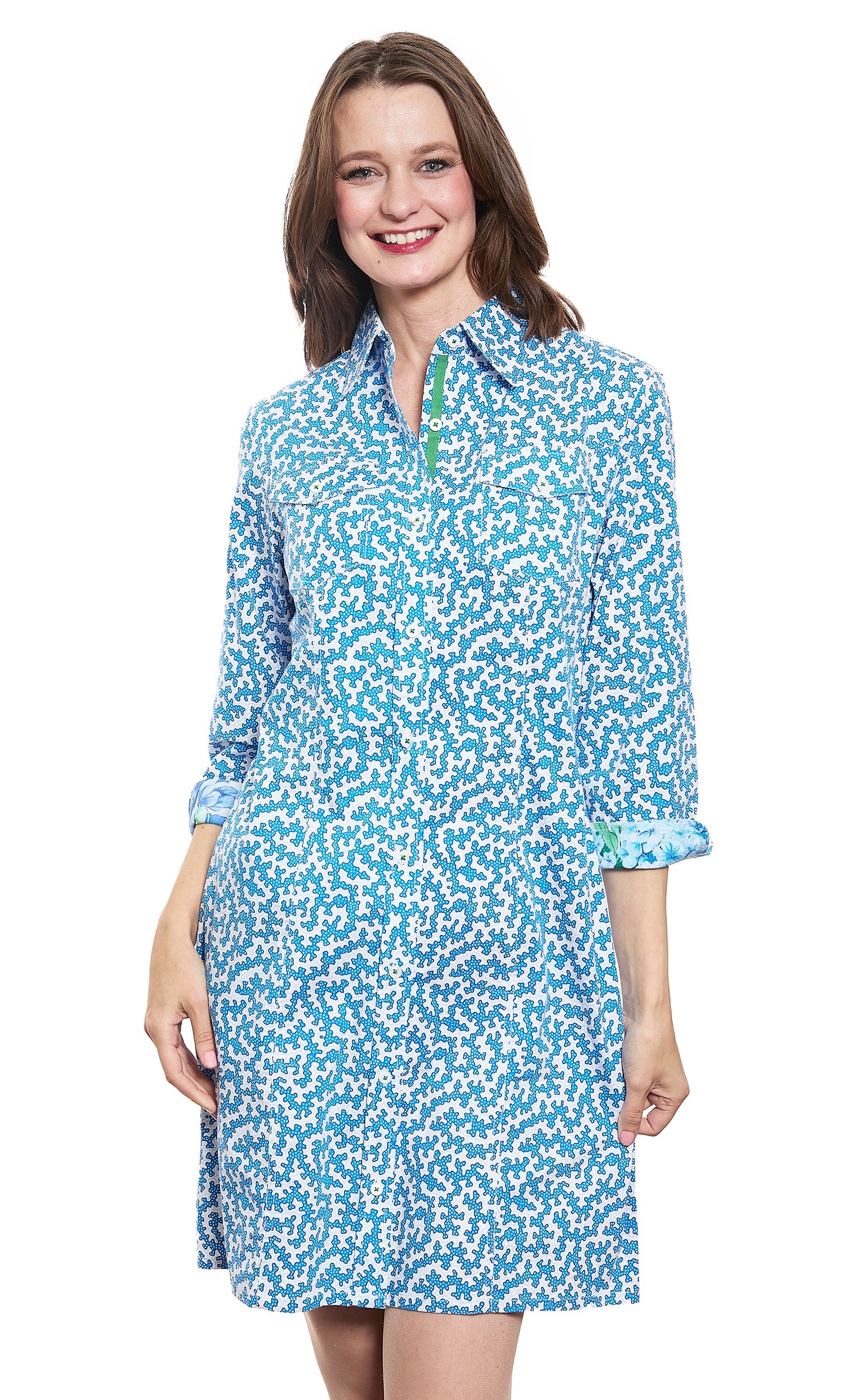 Dizzy-Lizzie Sag Harbor shirtdress in blue and pink coral print with stretch poplin fabric, casual summer dress.